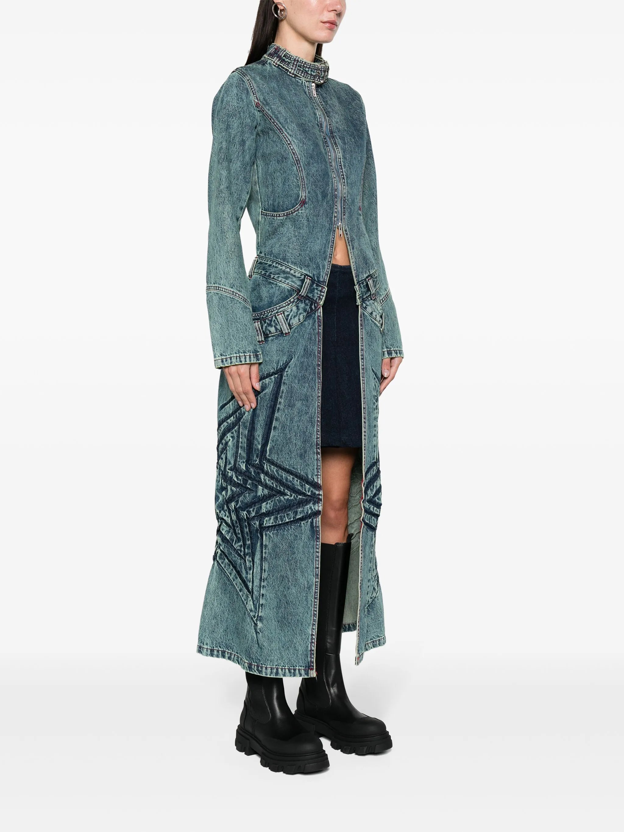 star-patch long denim coat