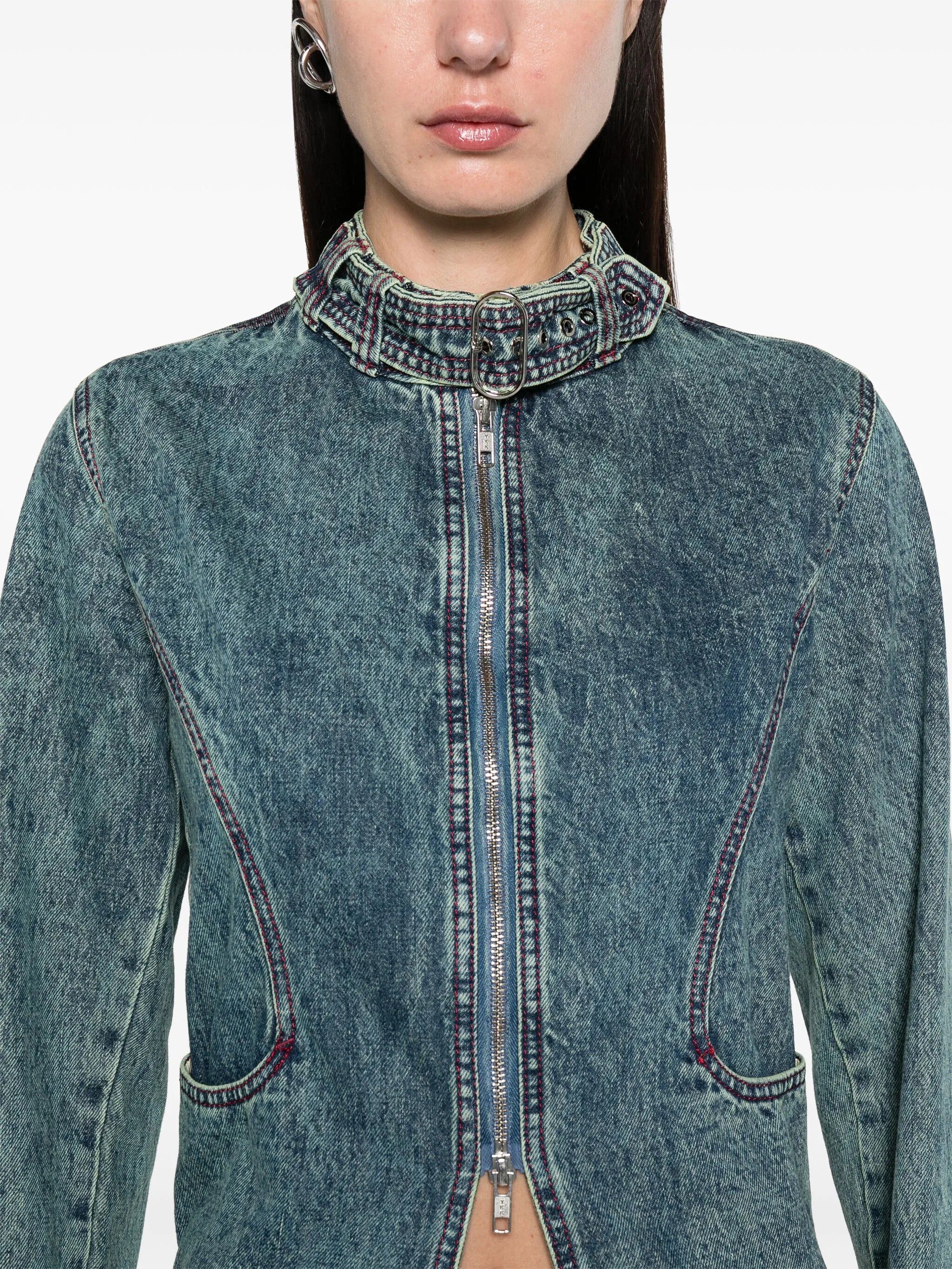 star-patch long denim coat