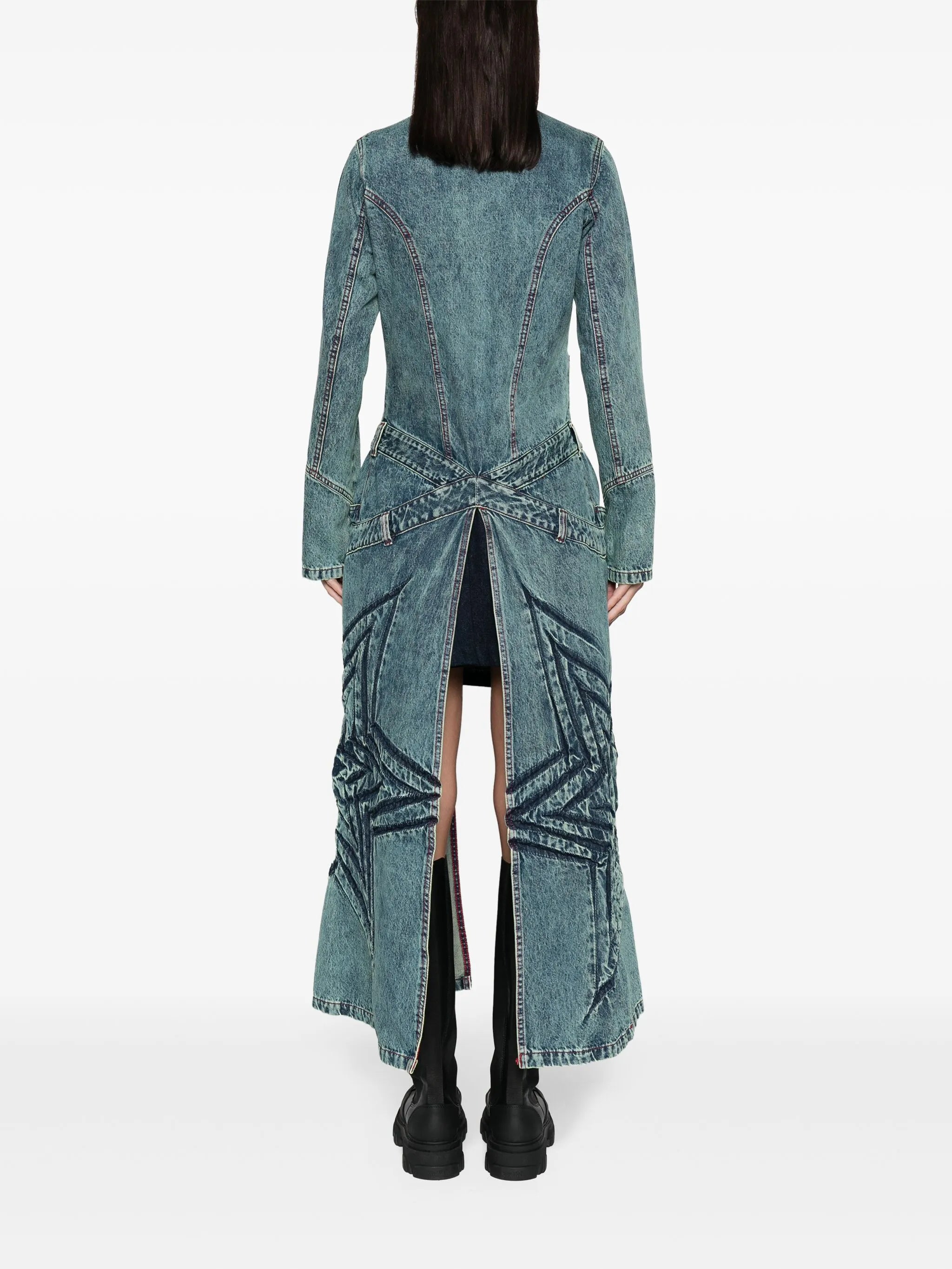 star-patch long denim coat