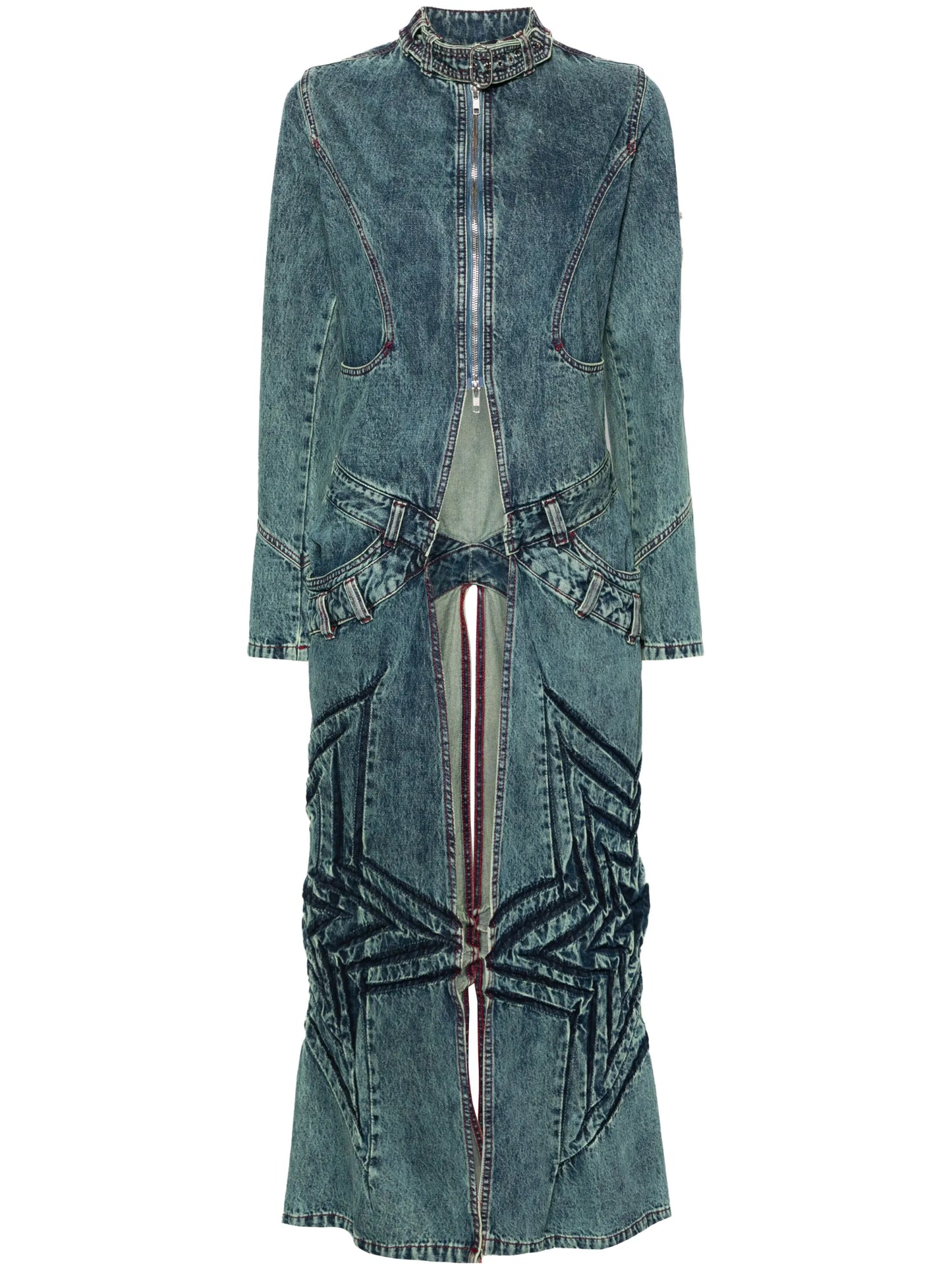 star-patch long denim coat