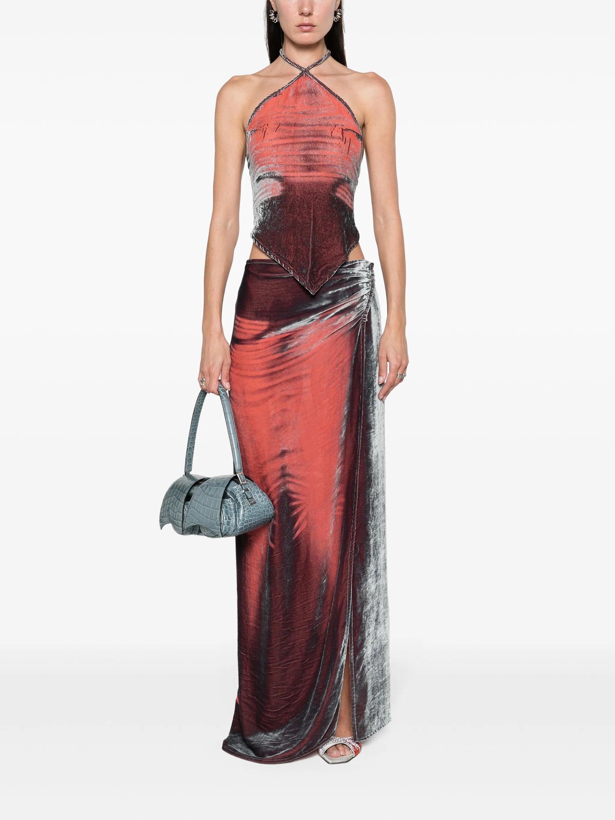 whiskering-effect velvet maxi skirt