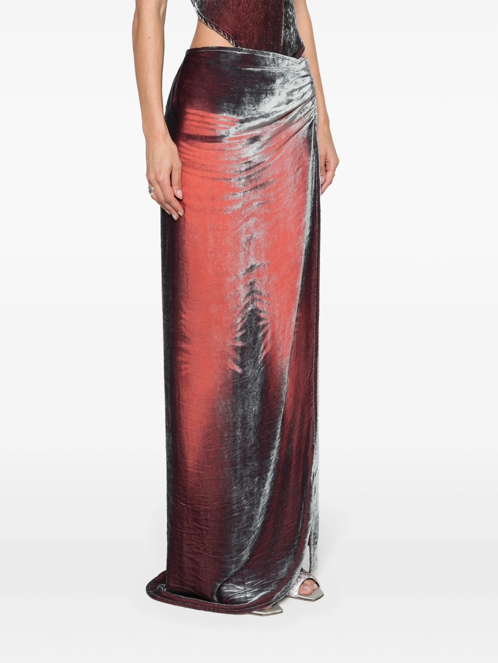 whiskering-effect velvet maxi skirt