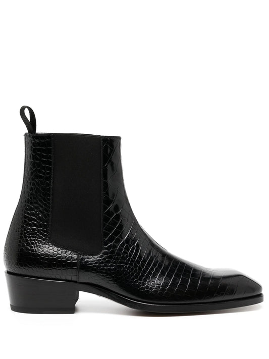 crocodile-effect leather boots