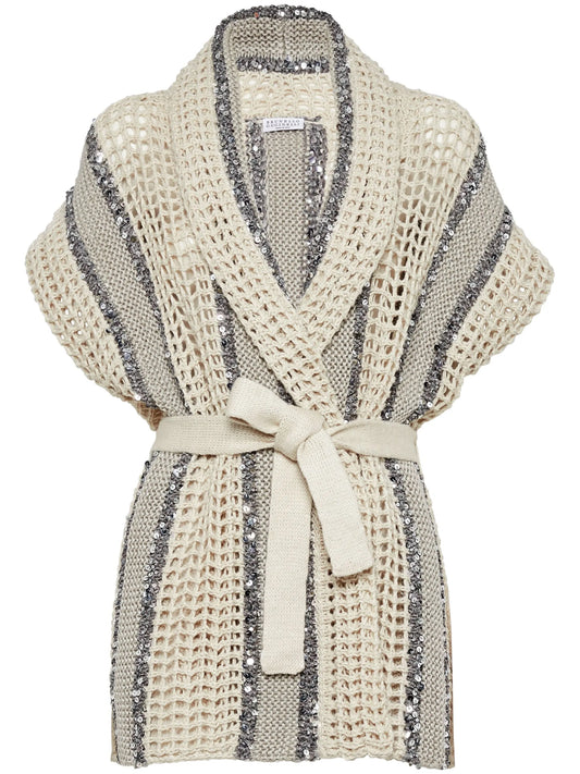 belted sequin-embellished cardigan