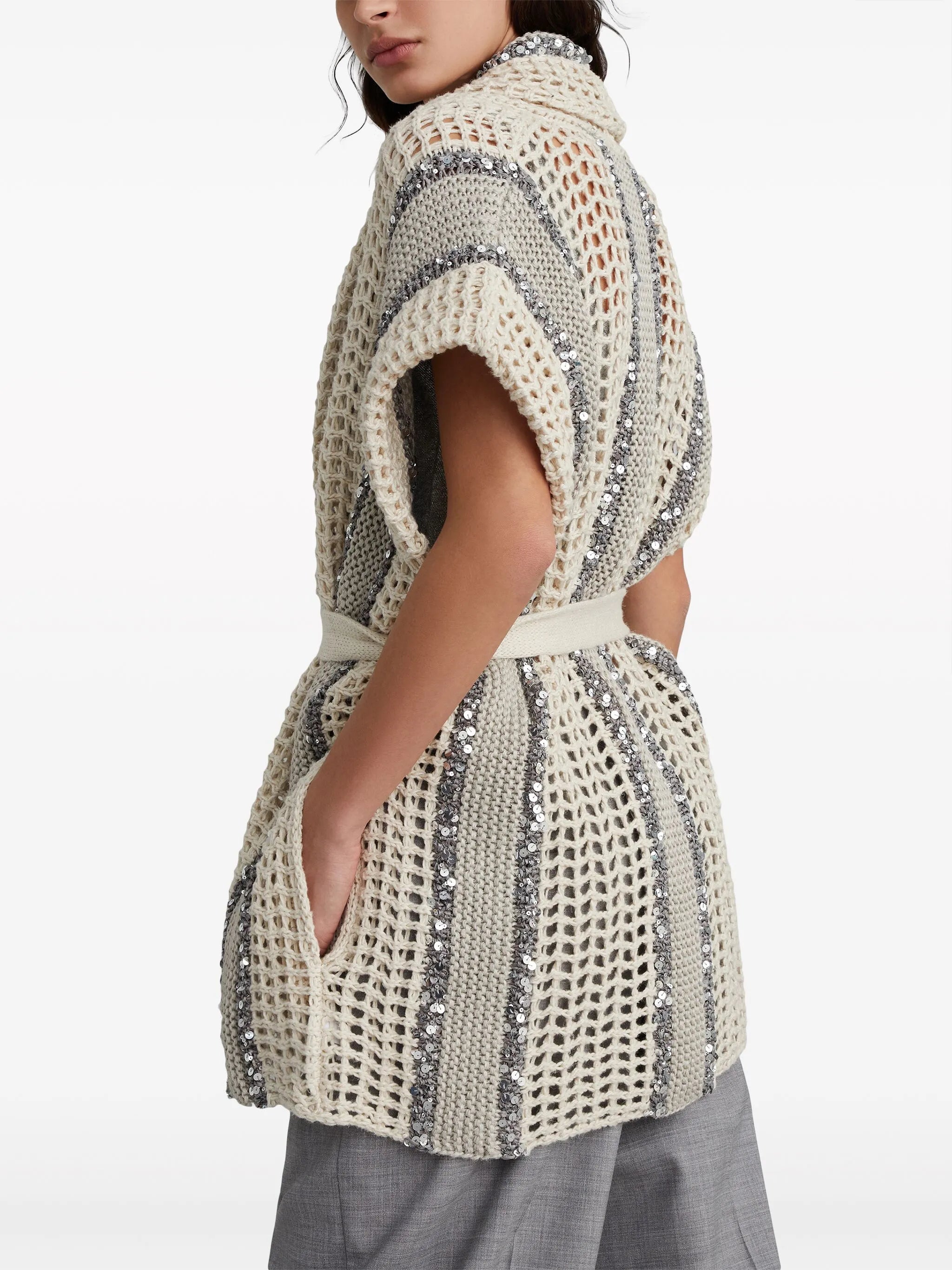belted sequin-embellished cardigan