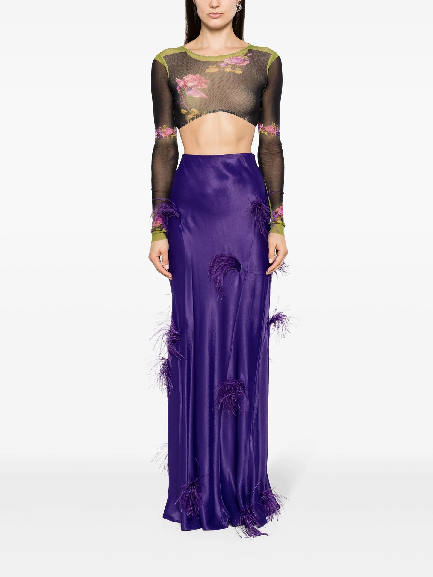 feather-trim satin maxi skirt