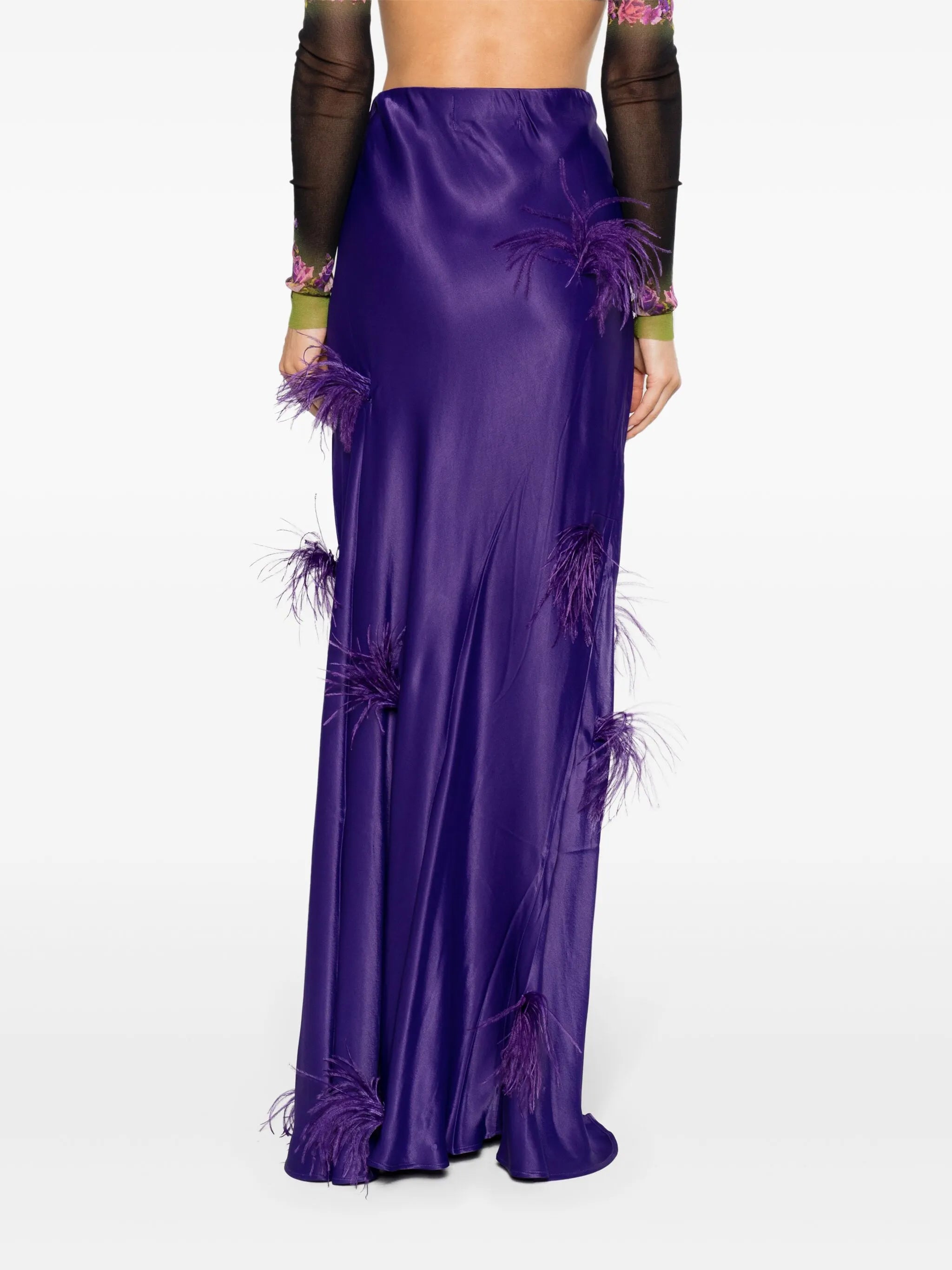 feather-trim satin maxi skirt