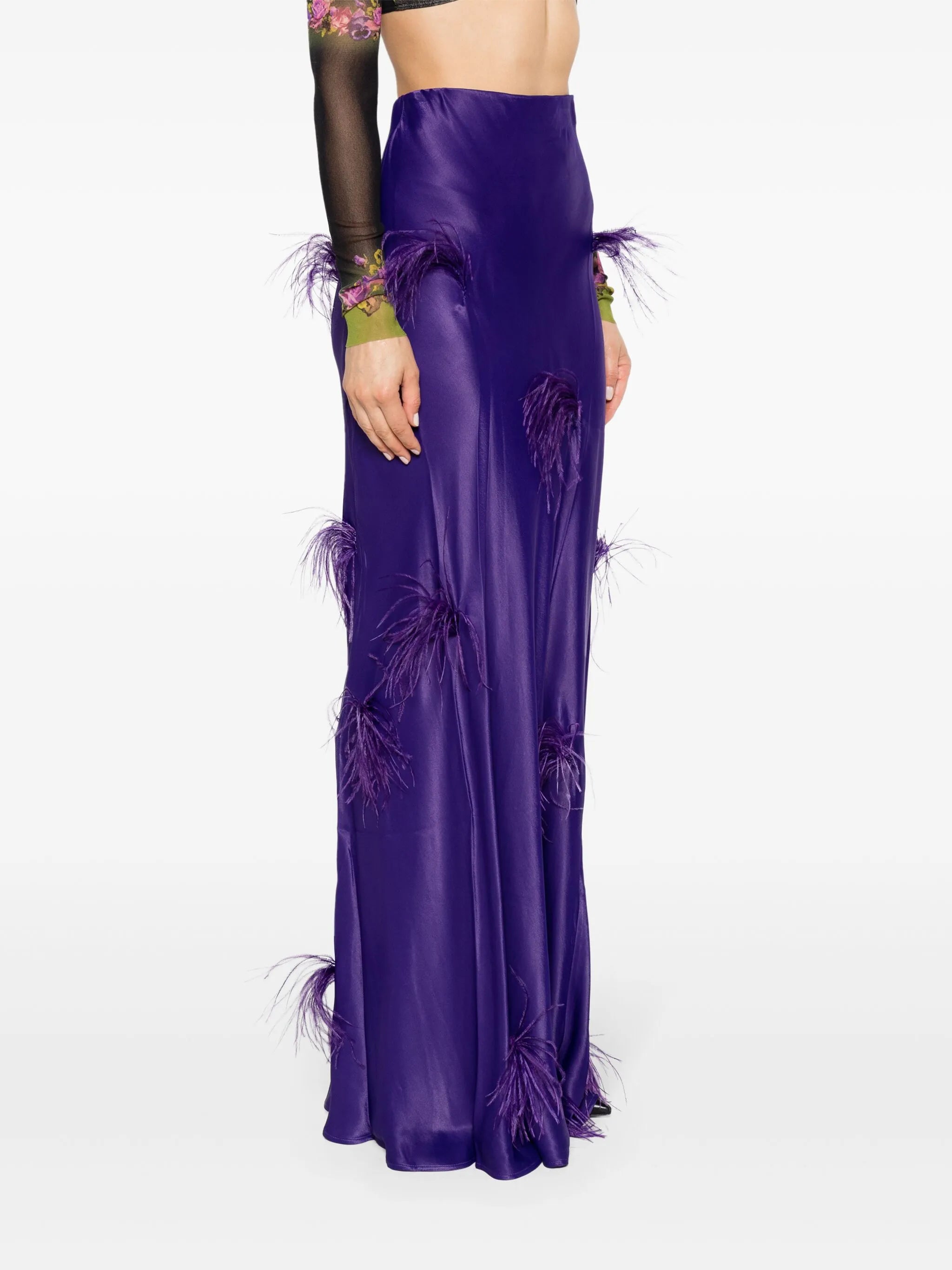 feather-trim satin maxi skirt