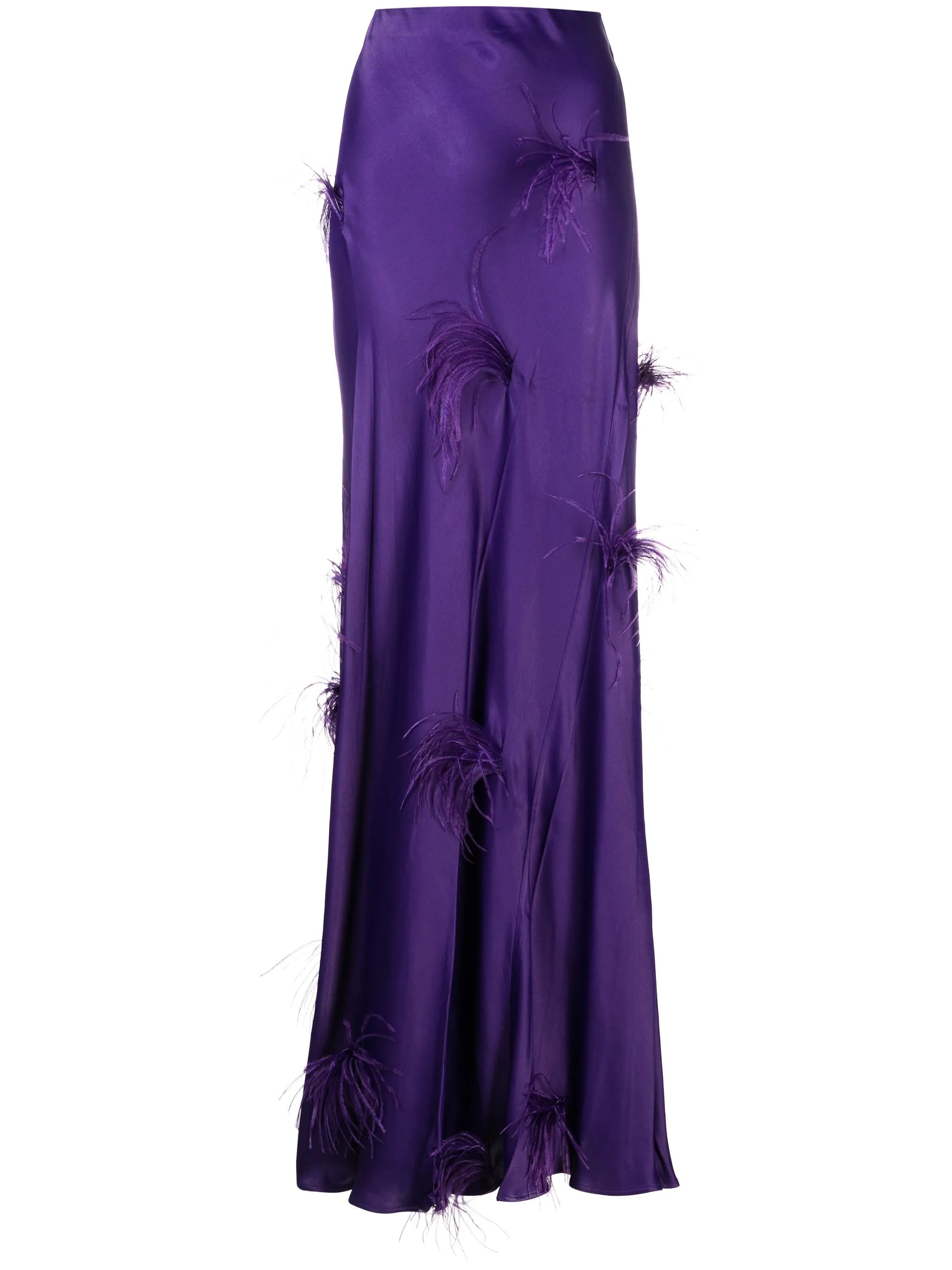 feather-trim satin maxi skirt