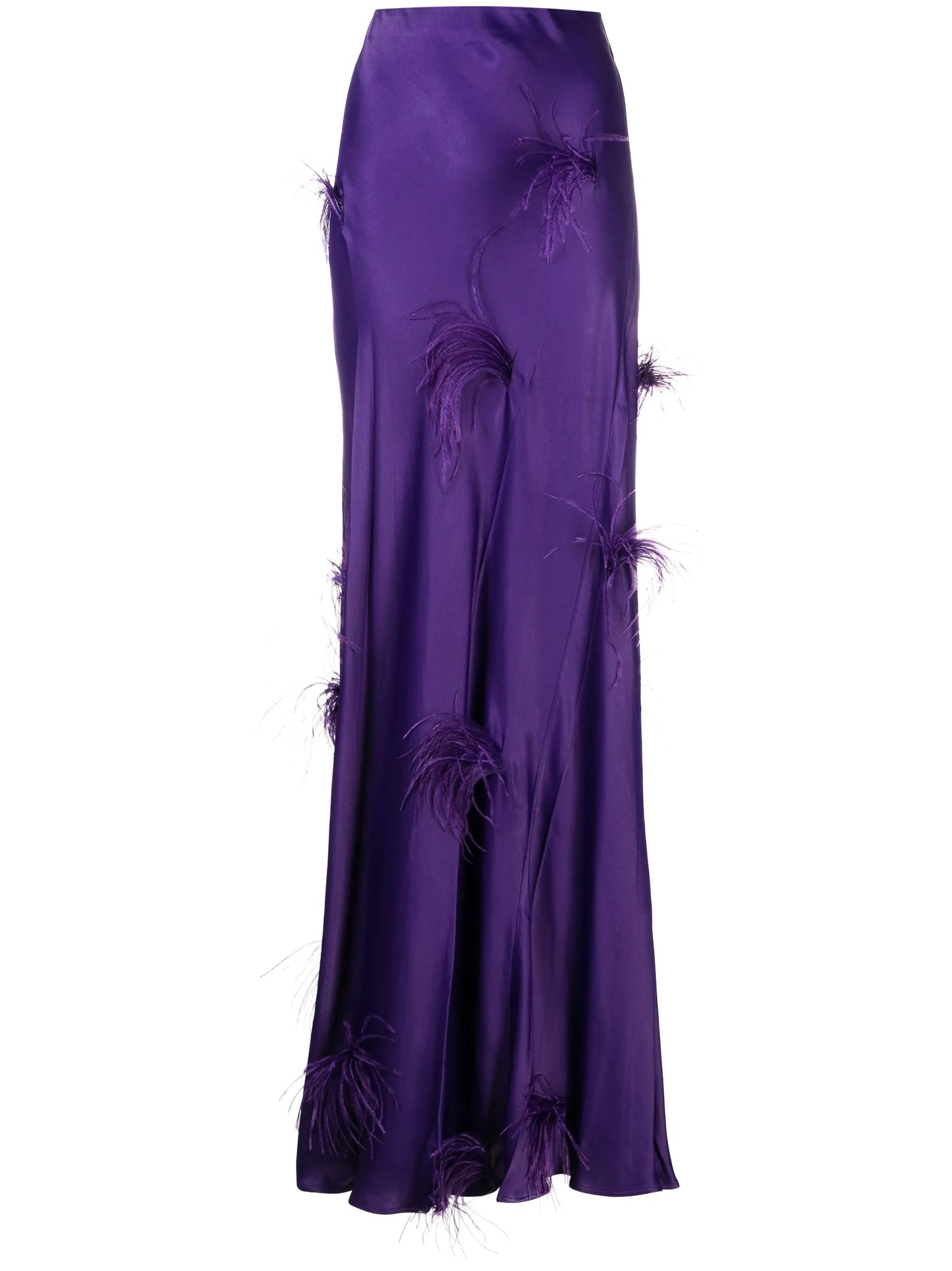 feather-trim satin maxi skirt