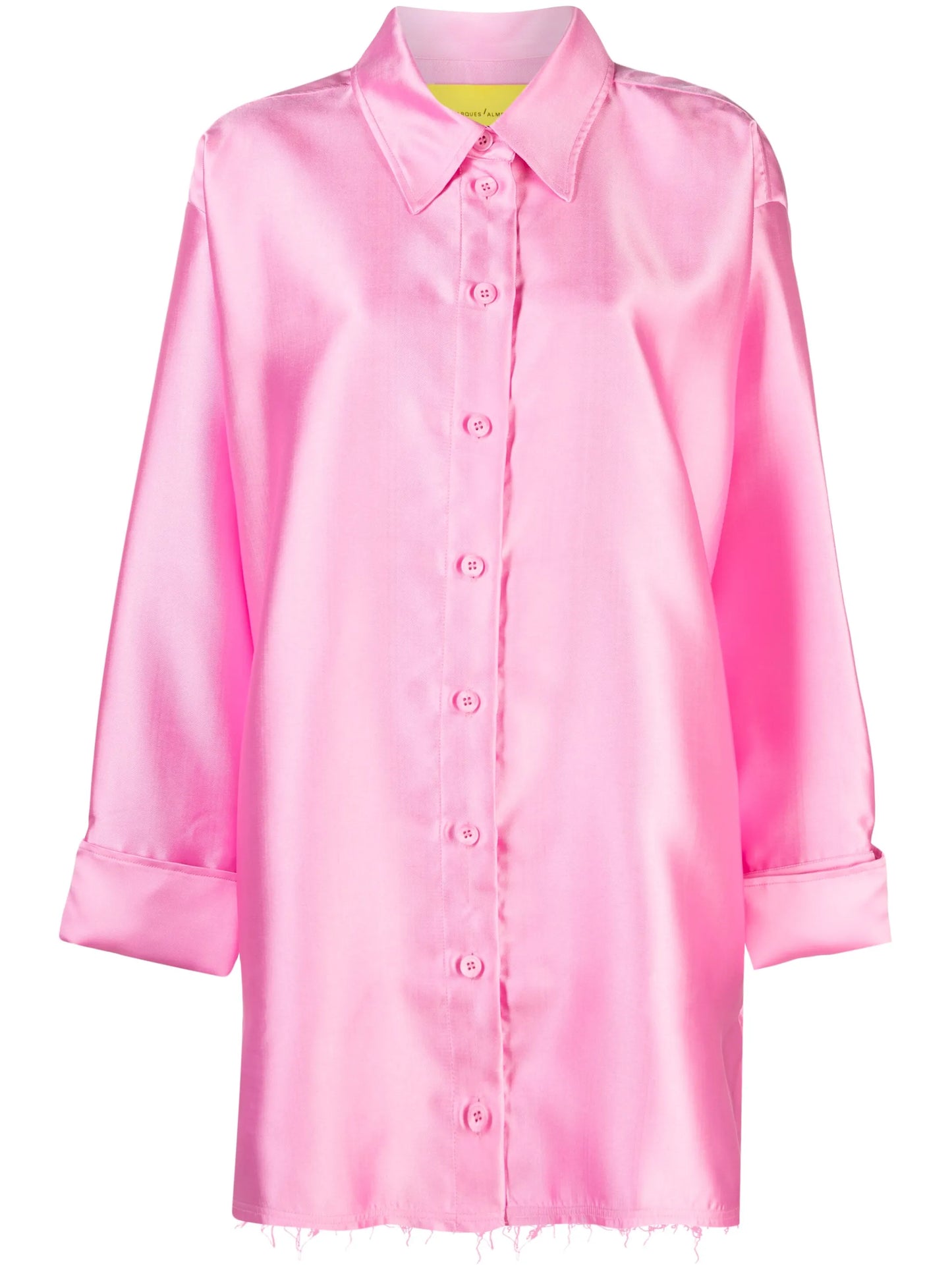 raw-cut button-up satin overshirt