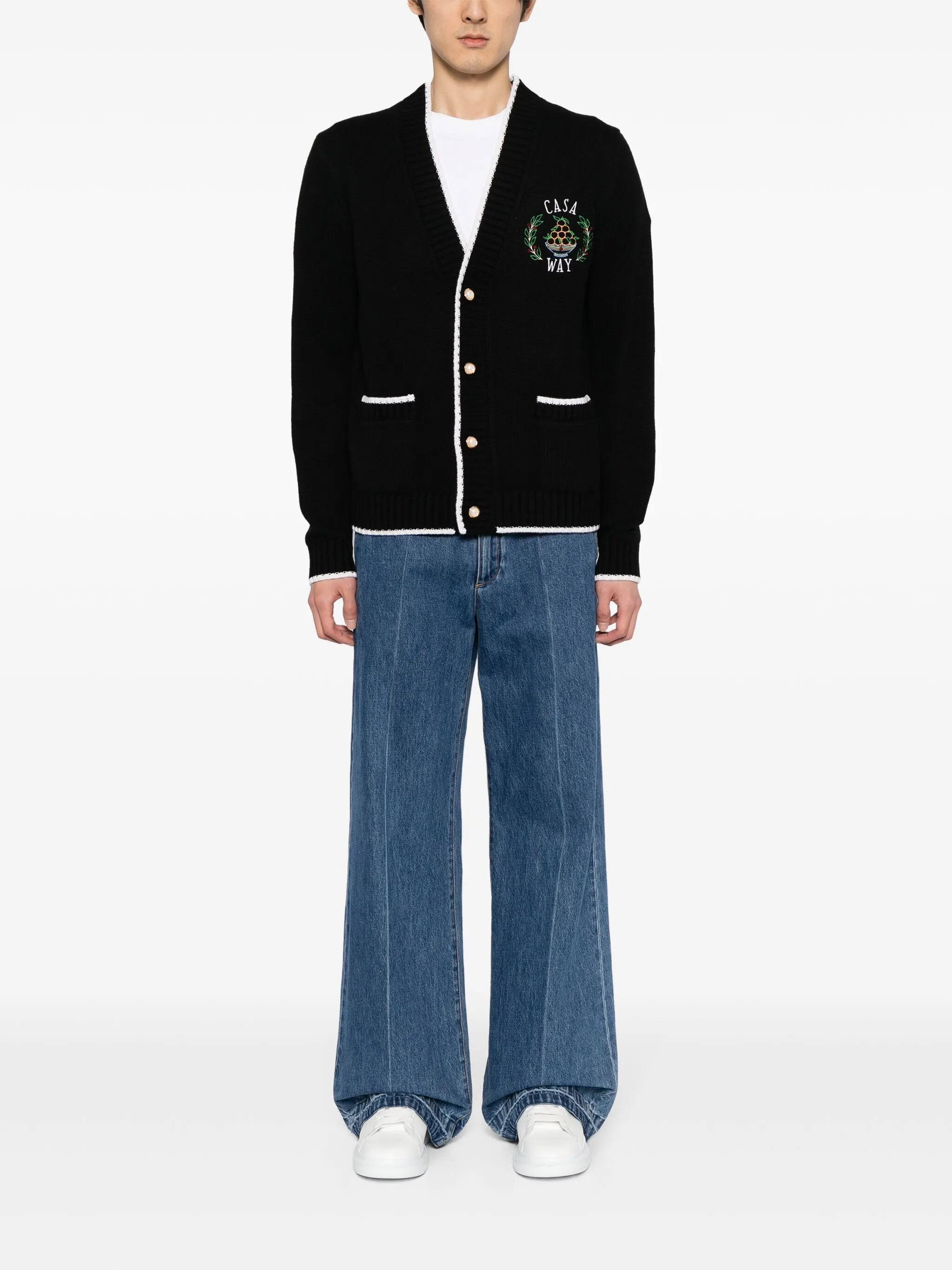 logo-embroidered merino wool cardigan