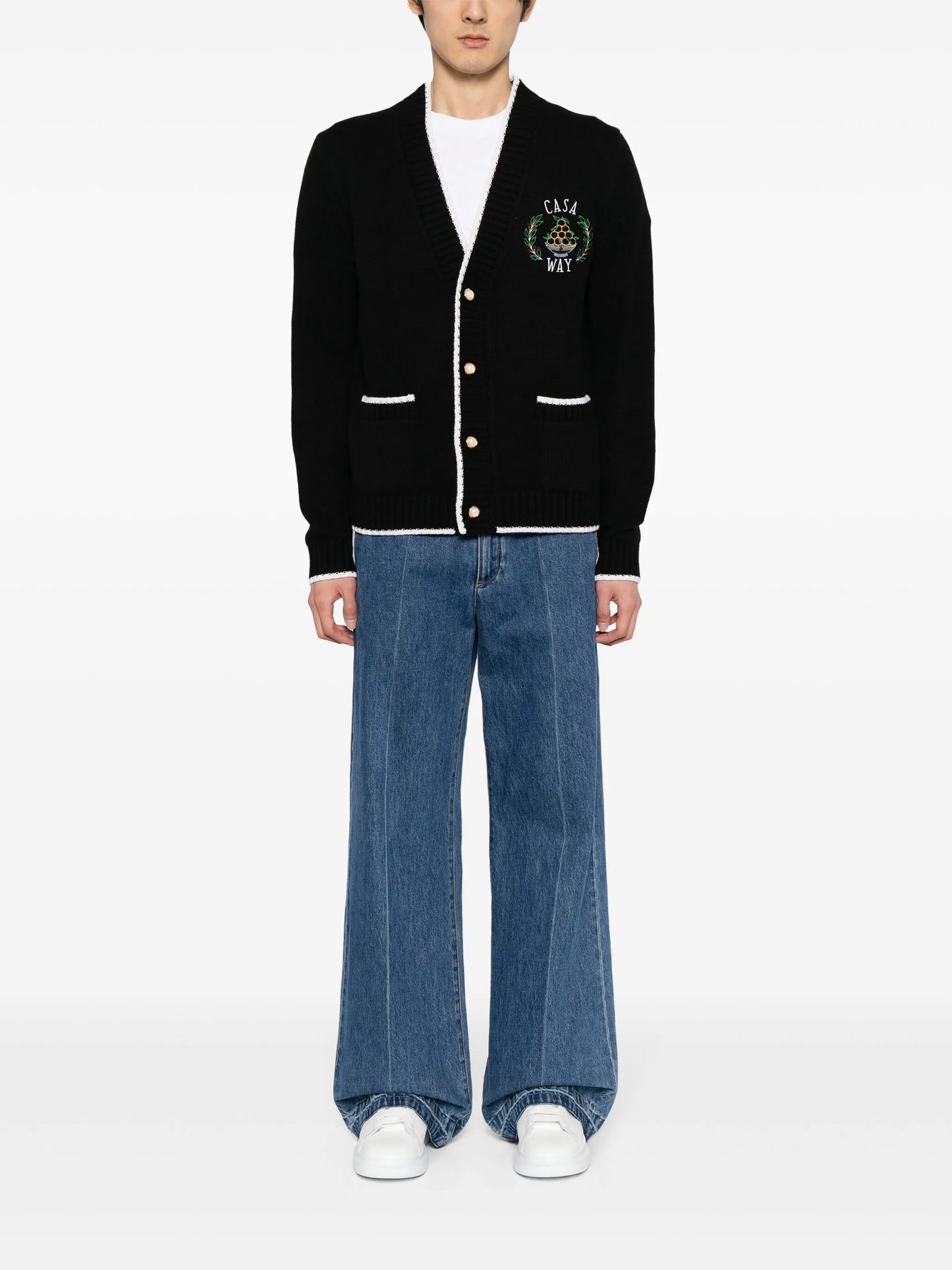 logo-embroidered merino wool cardigan