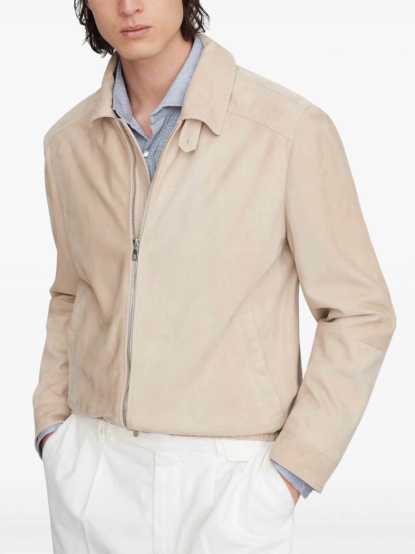 spread-collar leather bomber jacket