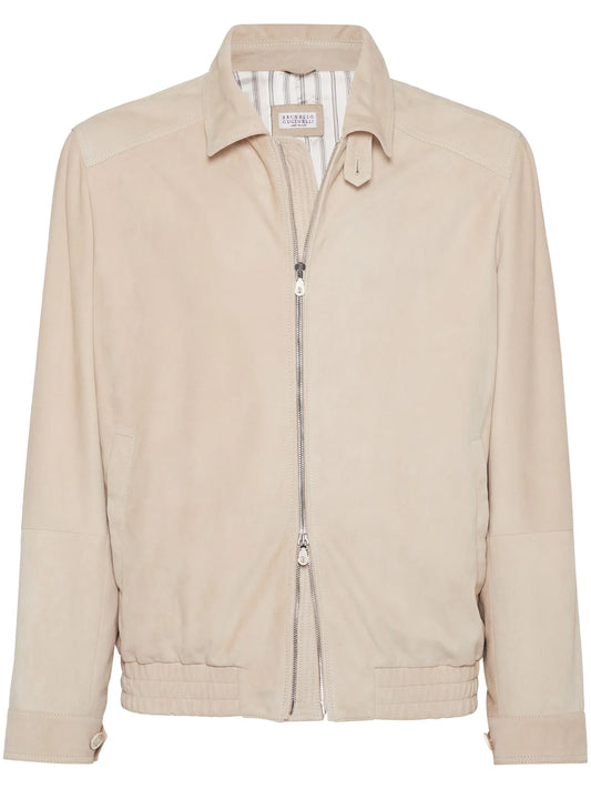 spread-collar leather bomber jacket