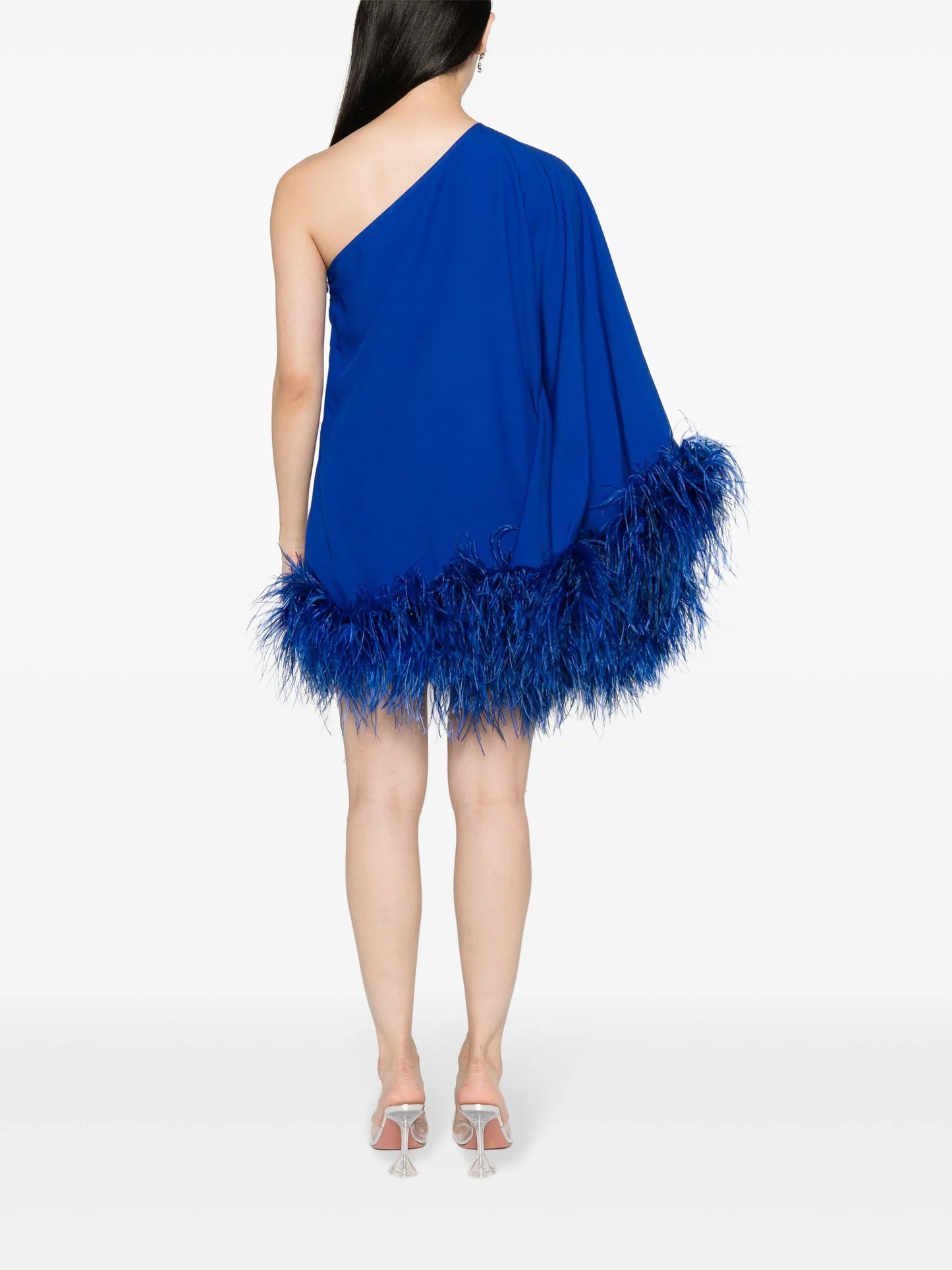 feather-trim one-shoulder minidress