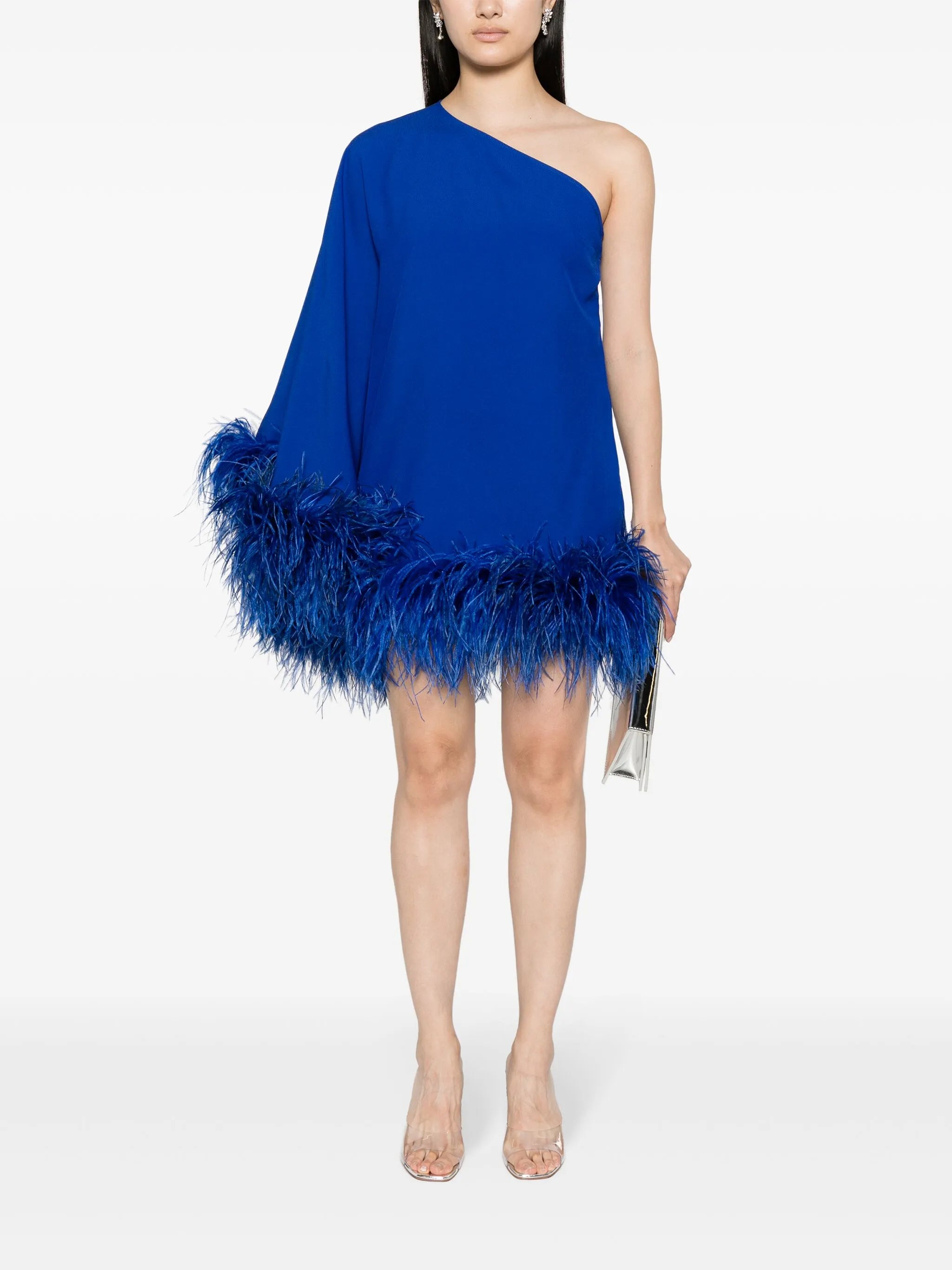 feather-trim one-shoulder minidress