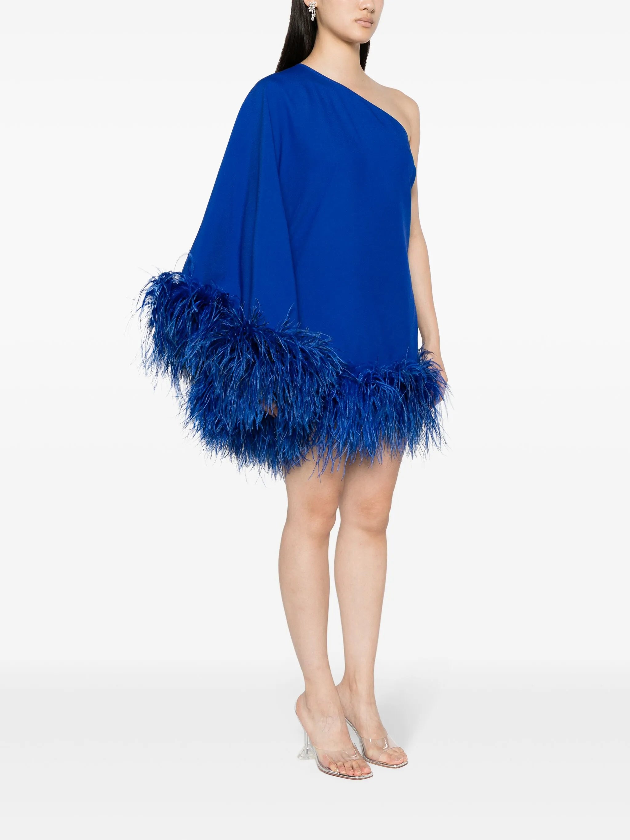 feather-trim one-shoulder minidress