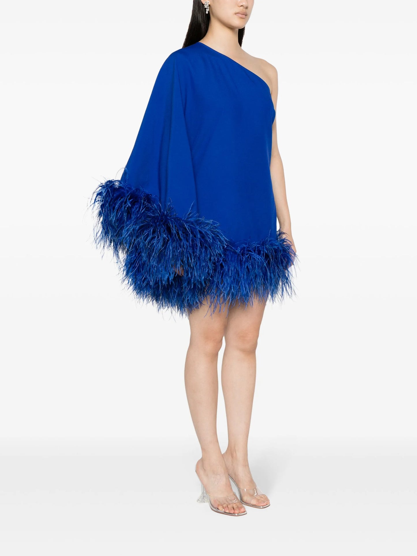 feather-trim one-shoulder minidress