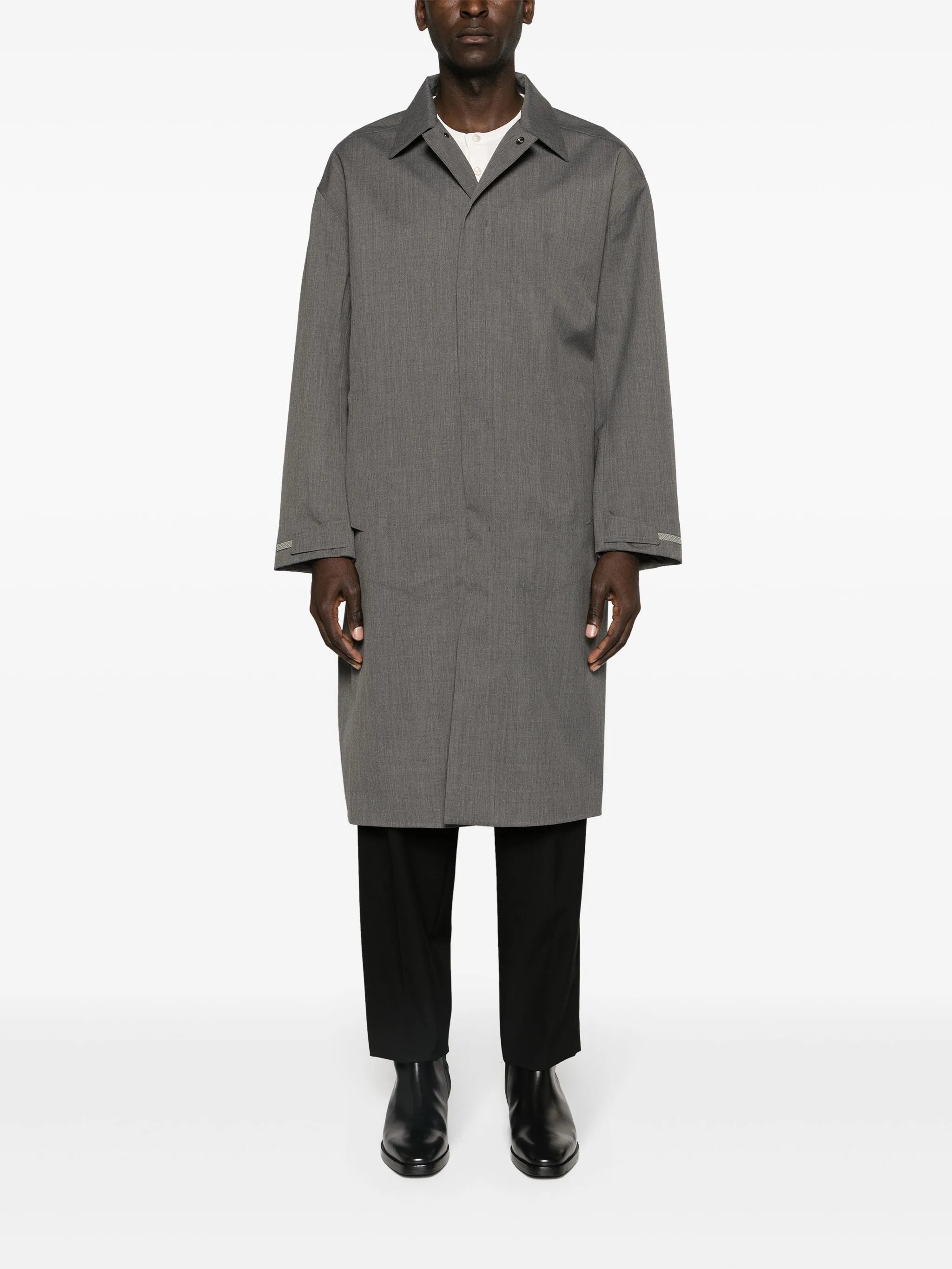 pointed-collar coated maxi coat