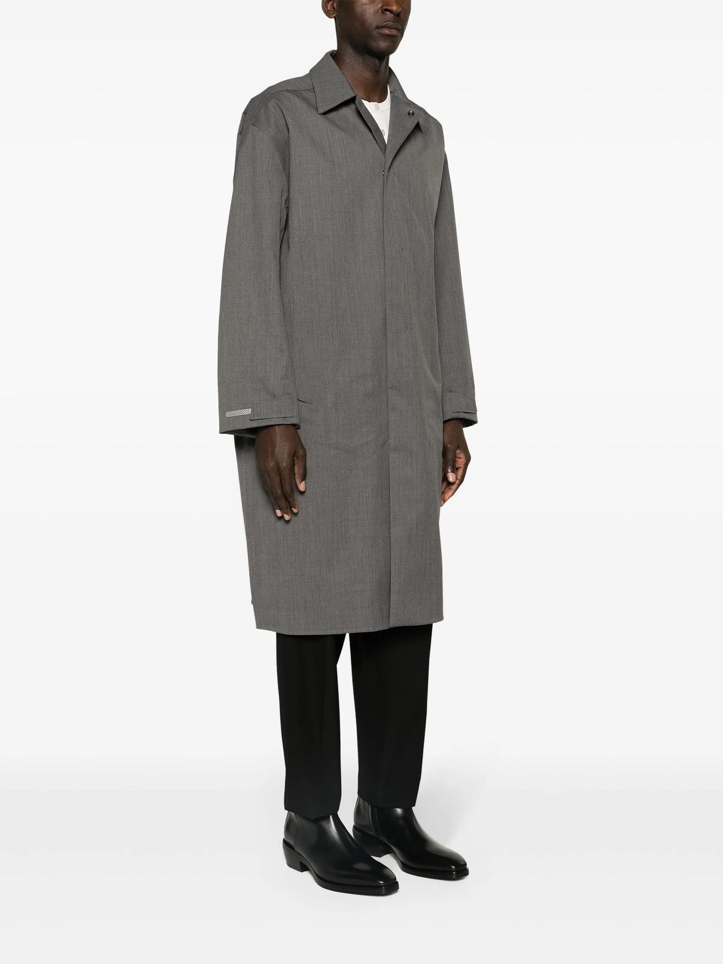 pointed-collar coated maxi coat