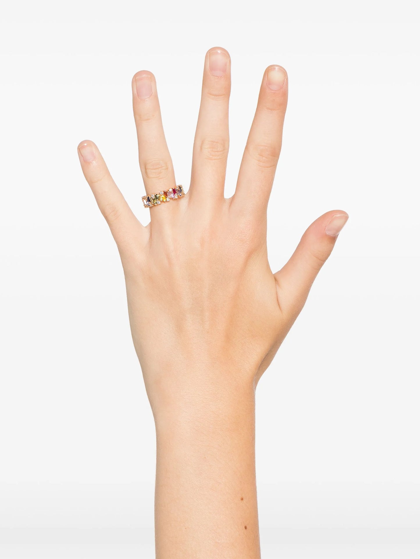 18kt rose gold Shimmer Alaia Rainbow sapphire eternity band ring