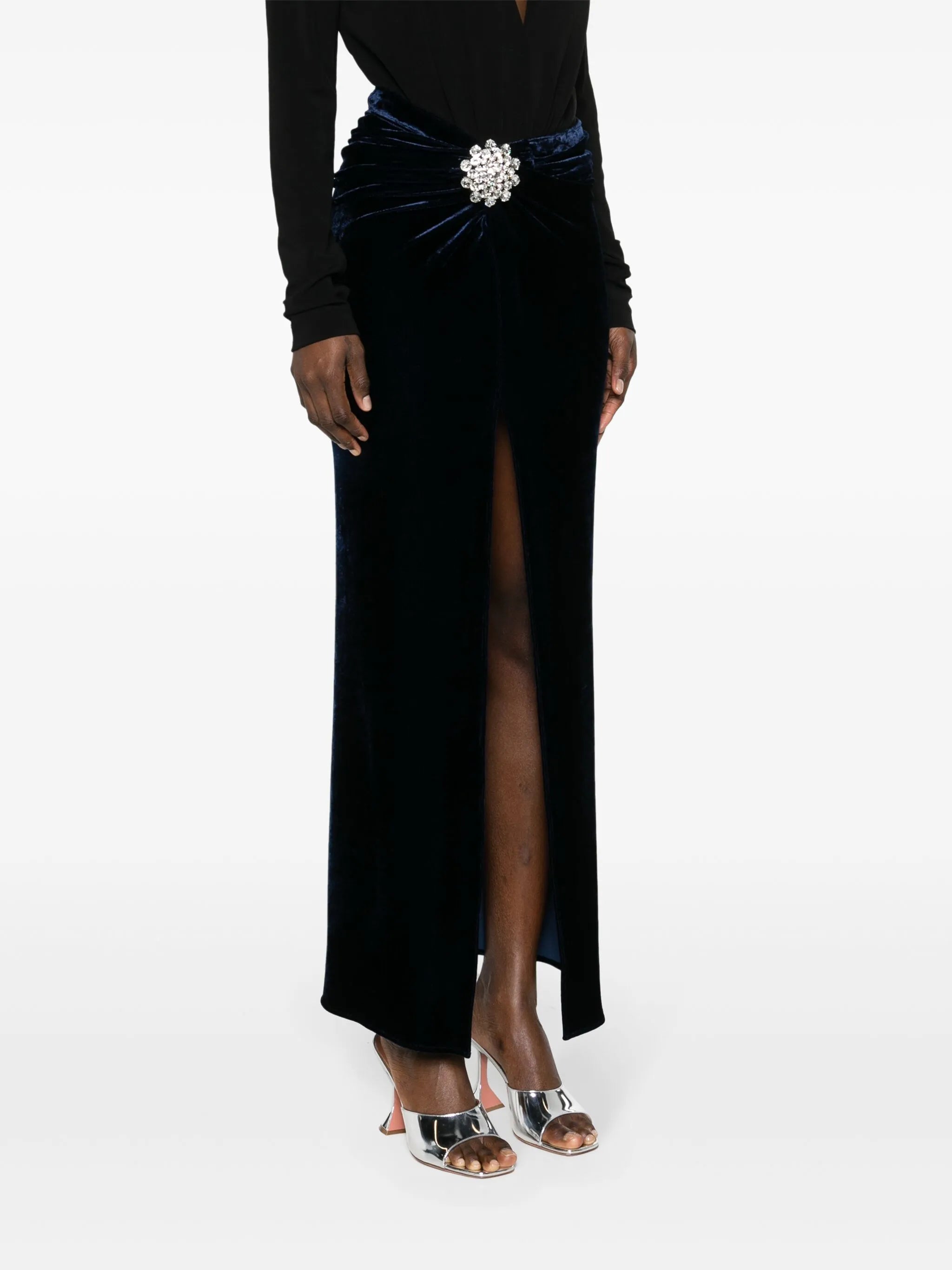 crystal-brooch velvet midi skirt