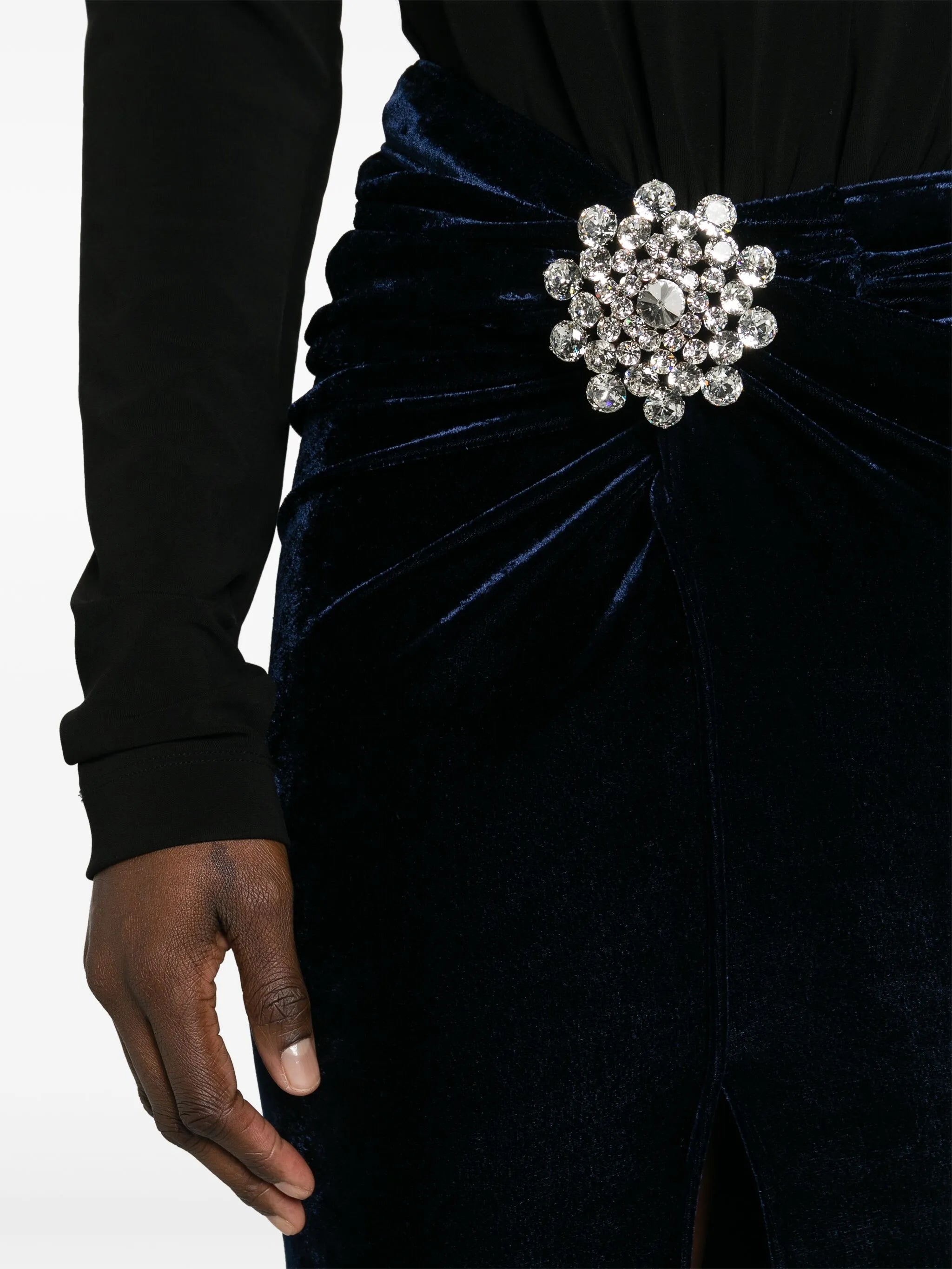 crystal-brooch velvet midi skirt