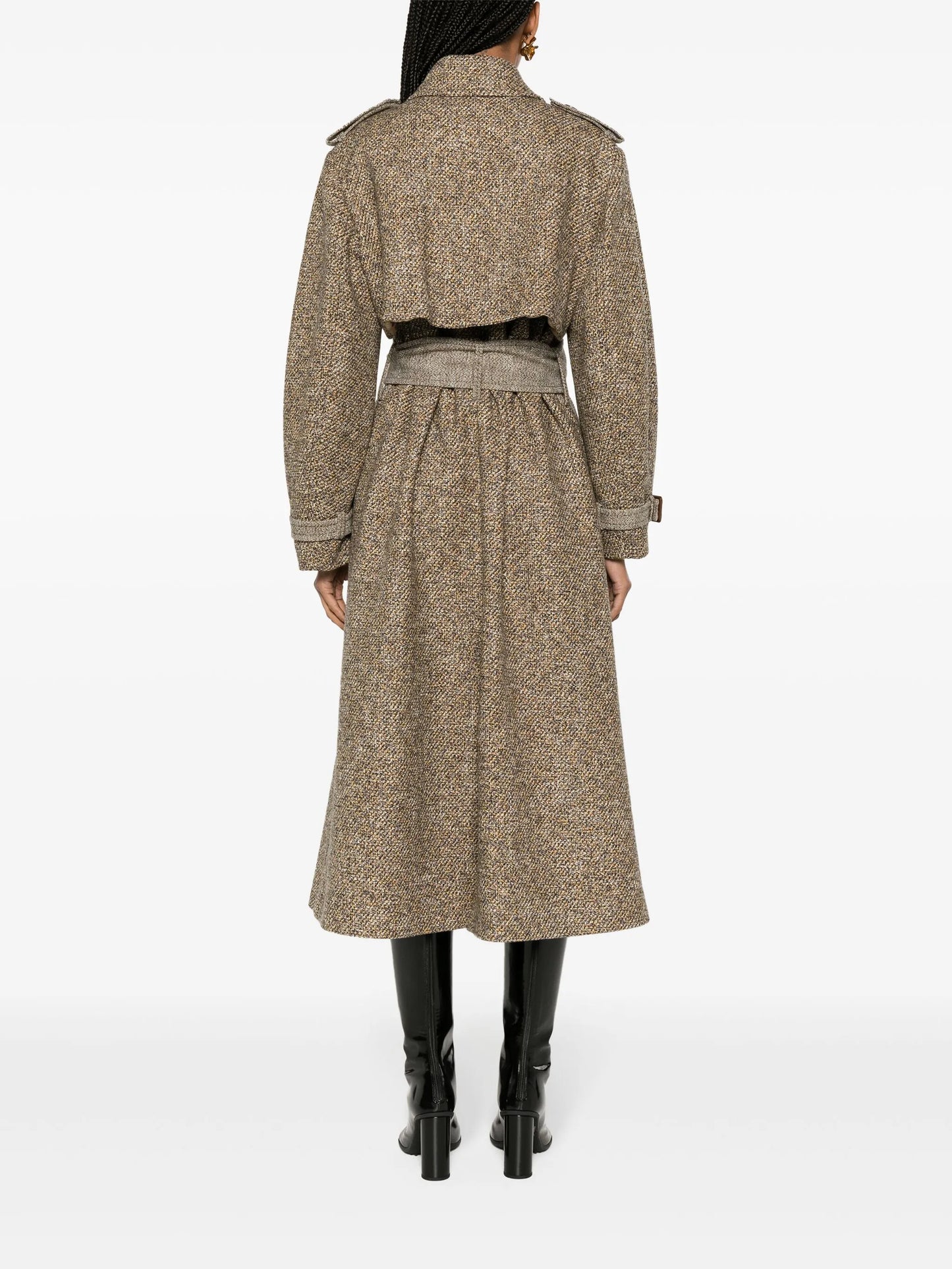 belted tweed trench coat