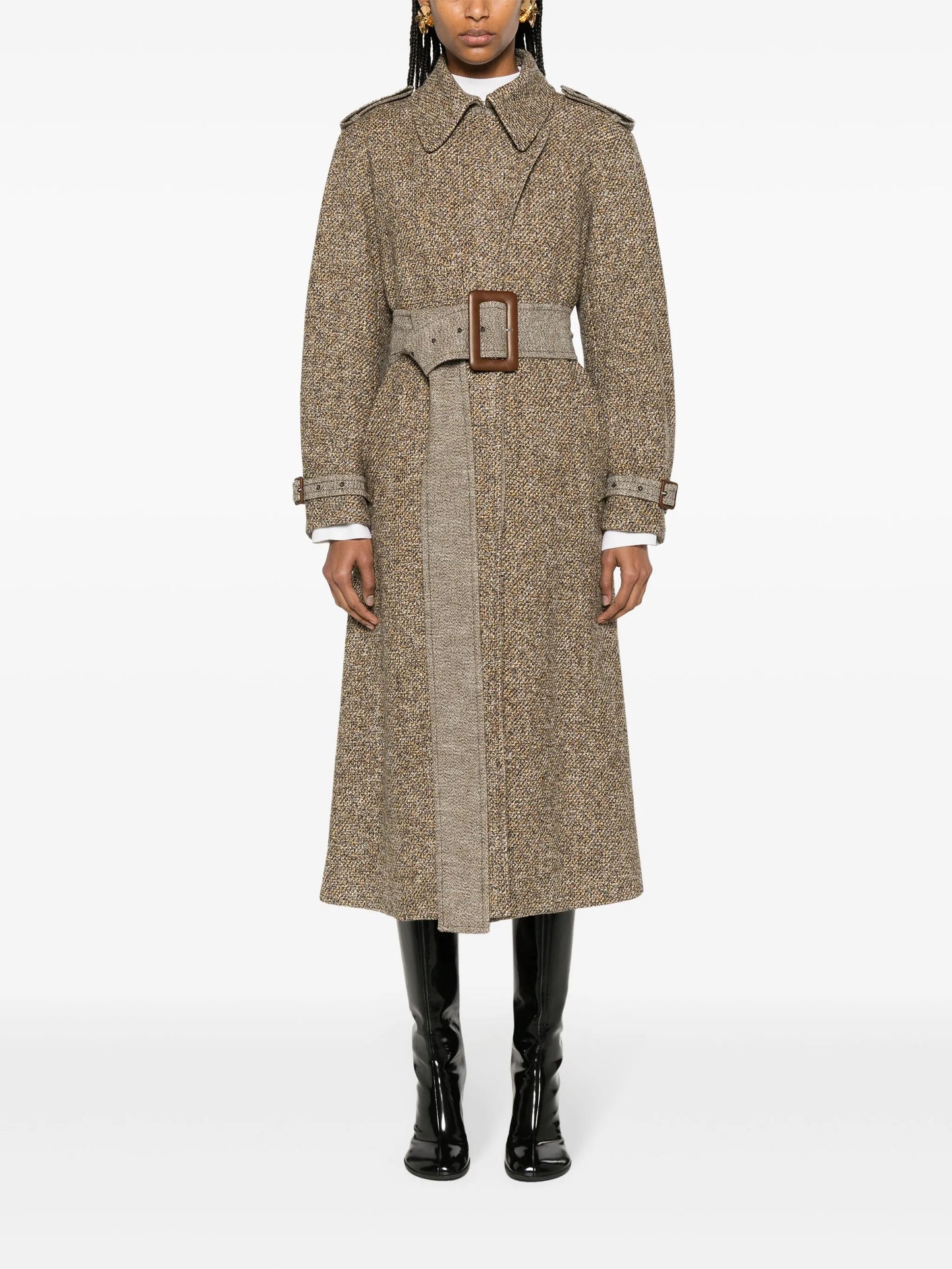 belted tweed trench coat