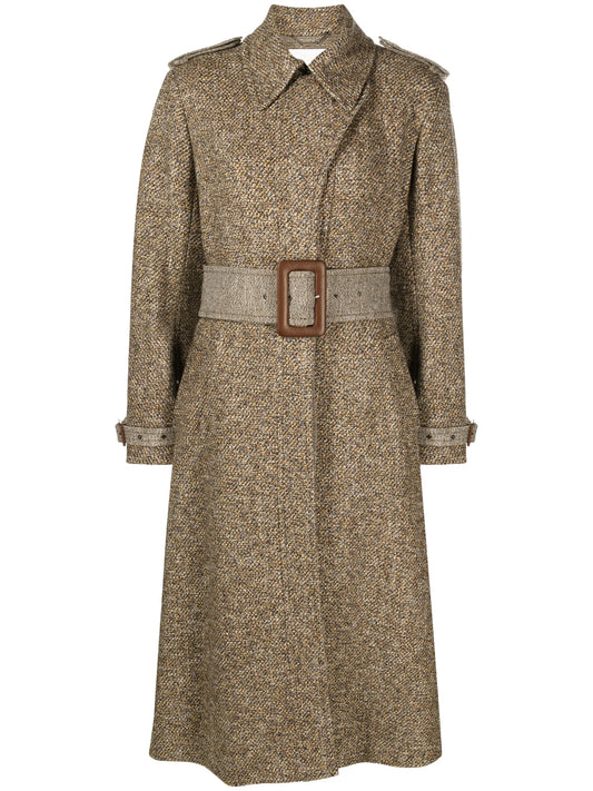 belted tweed trench coat