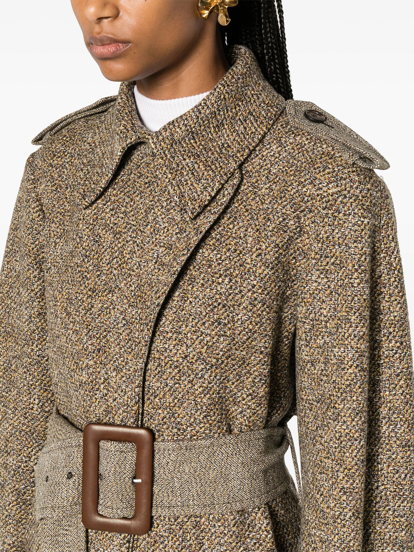 belted tweed trench coat