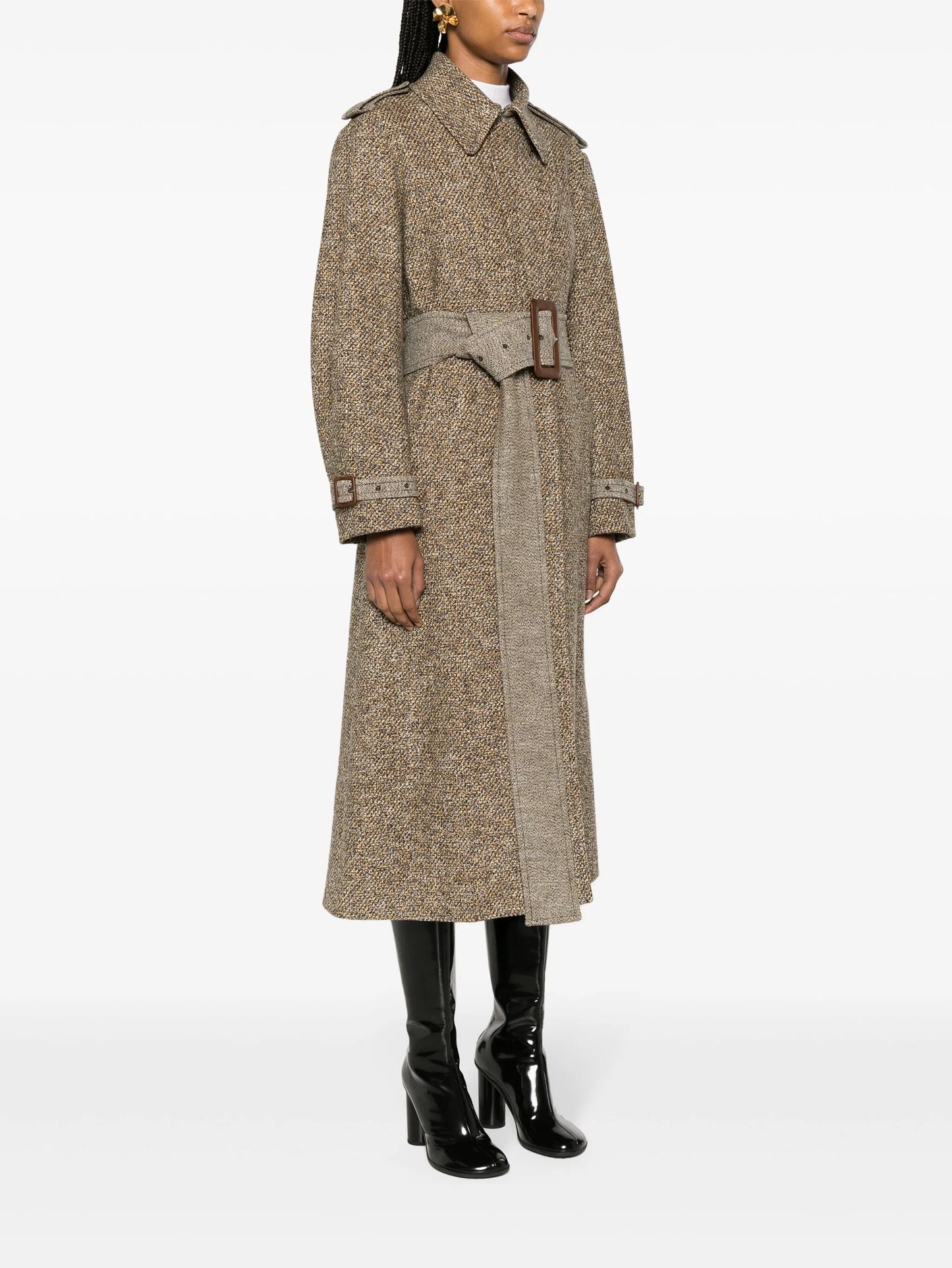 belted tweed trench coat