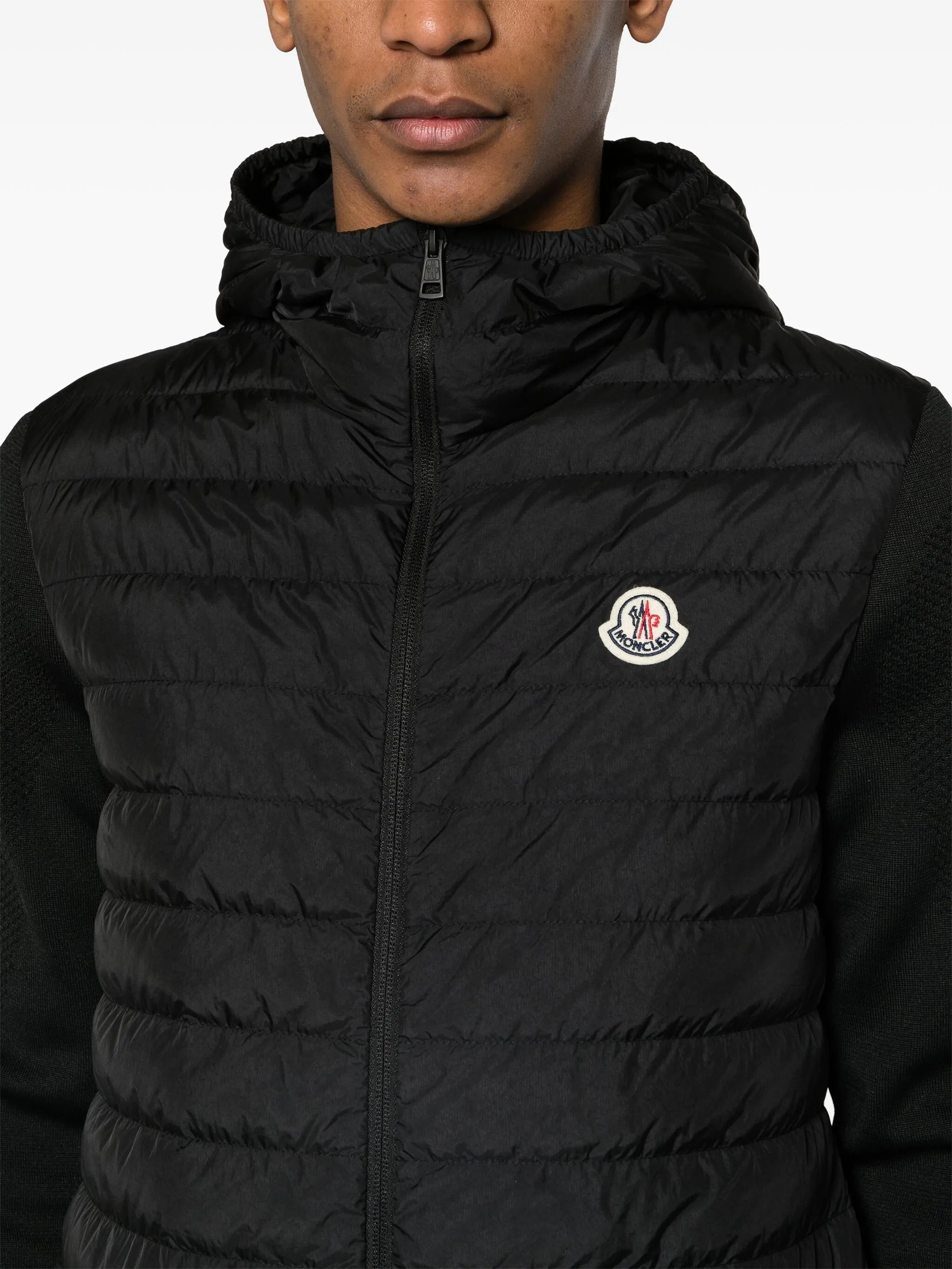 knitted-panels hooded puffer jacket