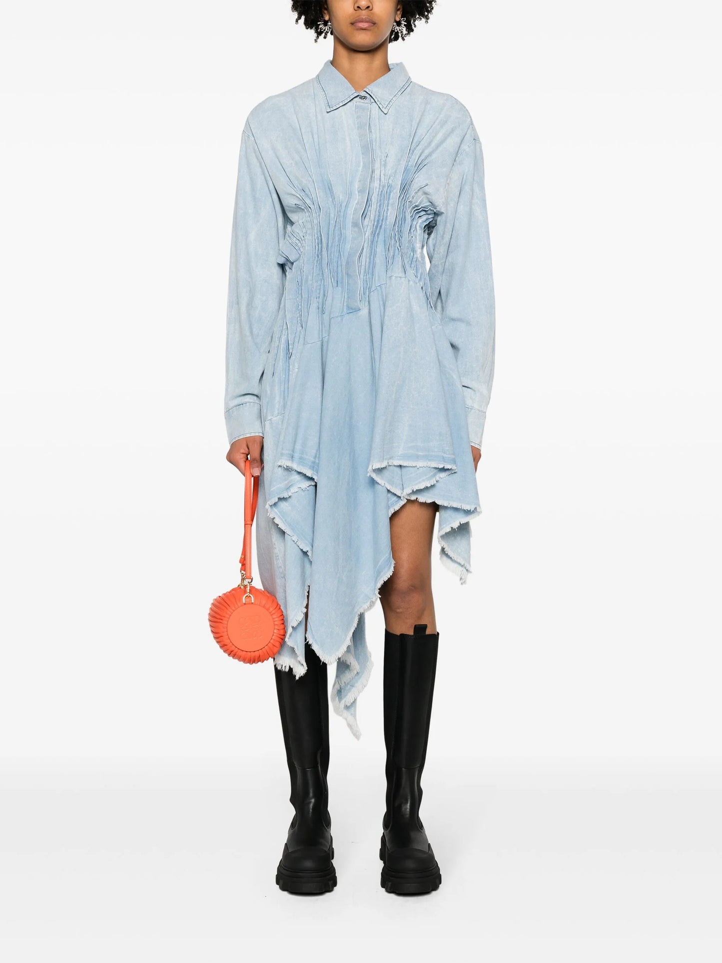 pleated denim shirtdress