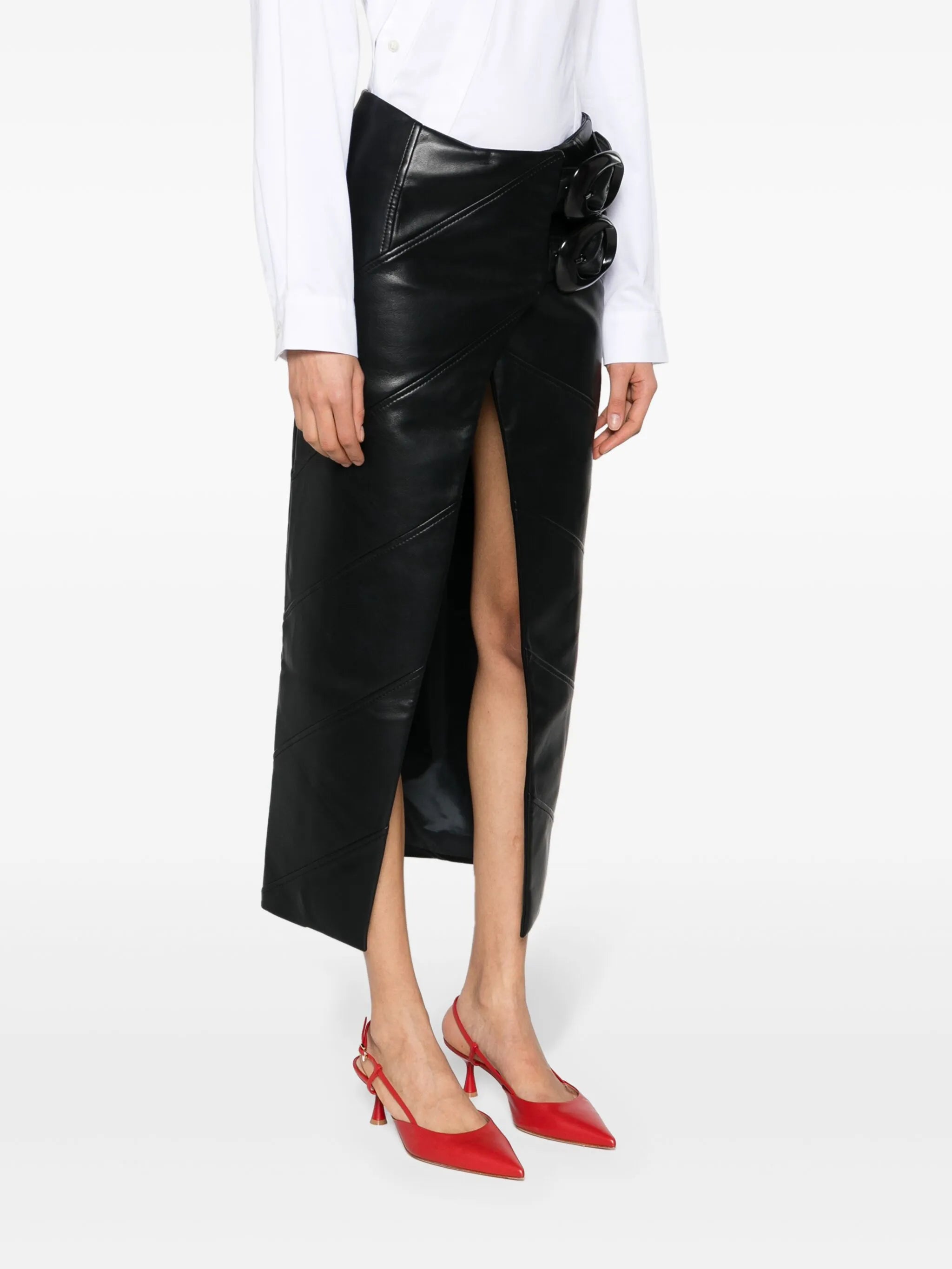 buckle-fastening faux-leather wrap skirt