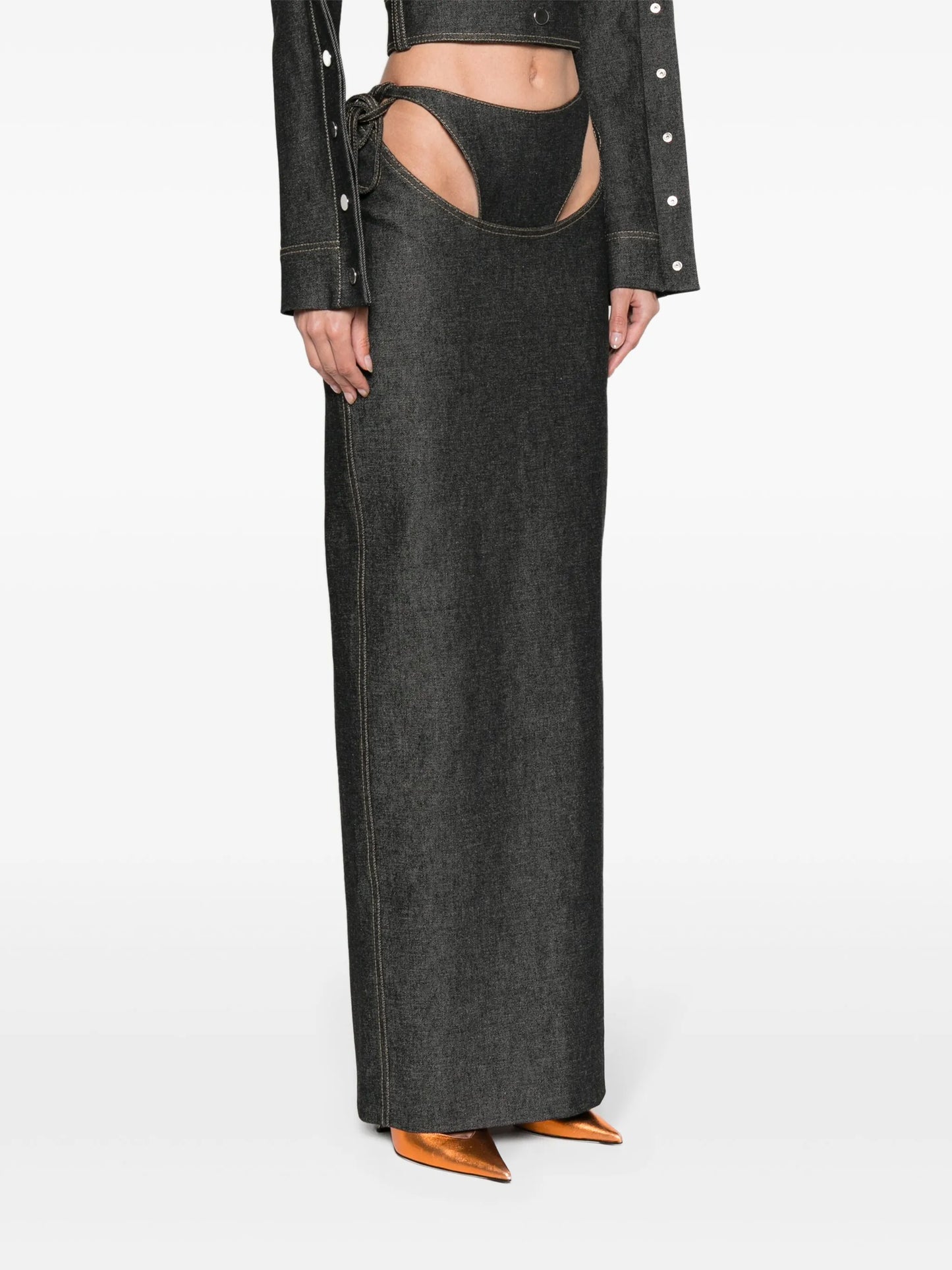 layered denim maxi skirt