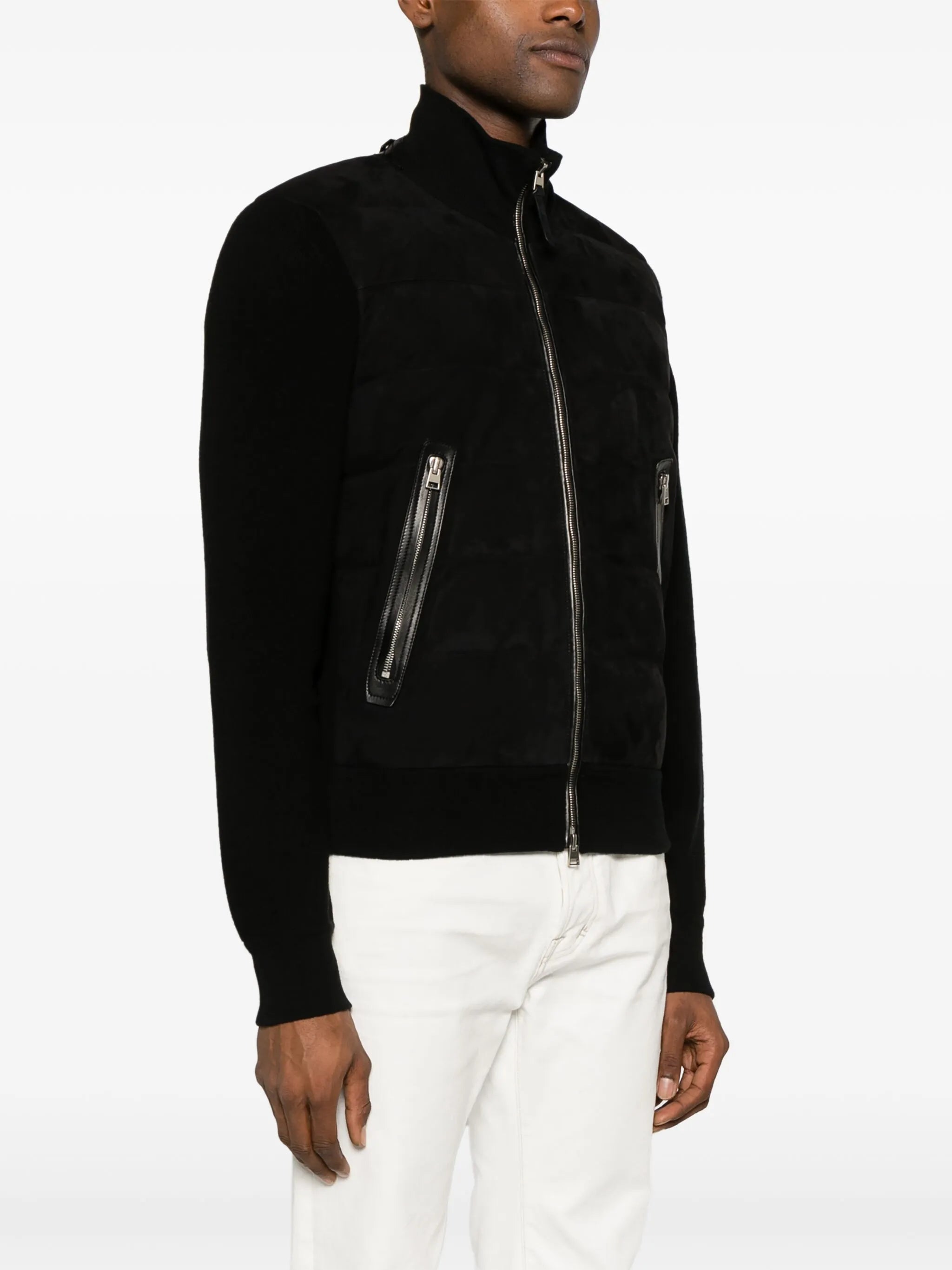 suede-panelled knitted bomber jacket