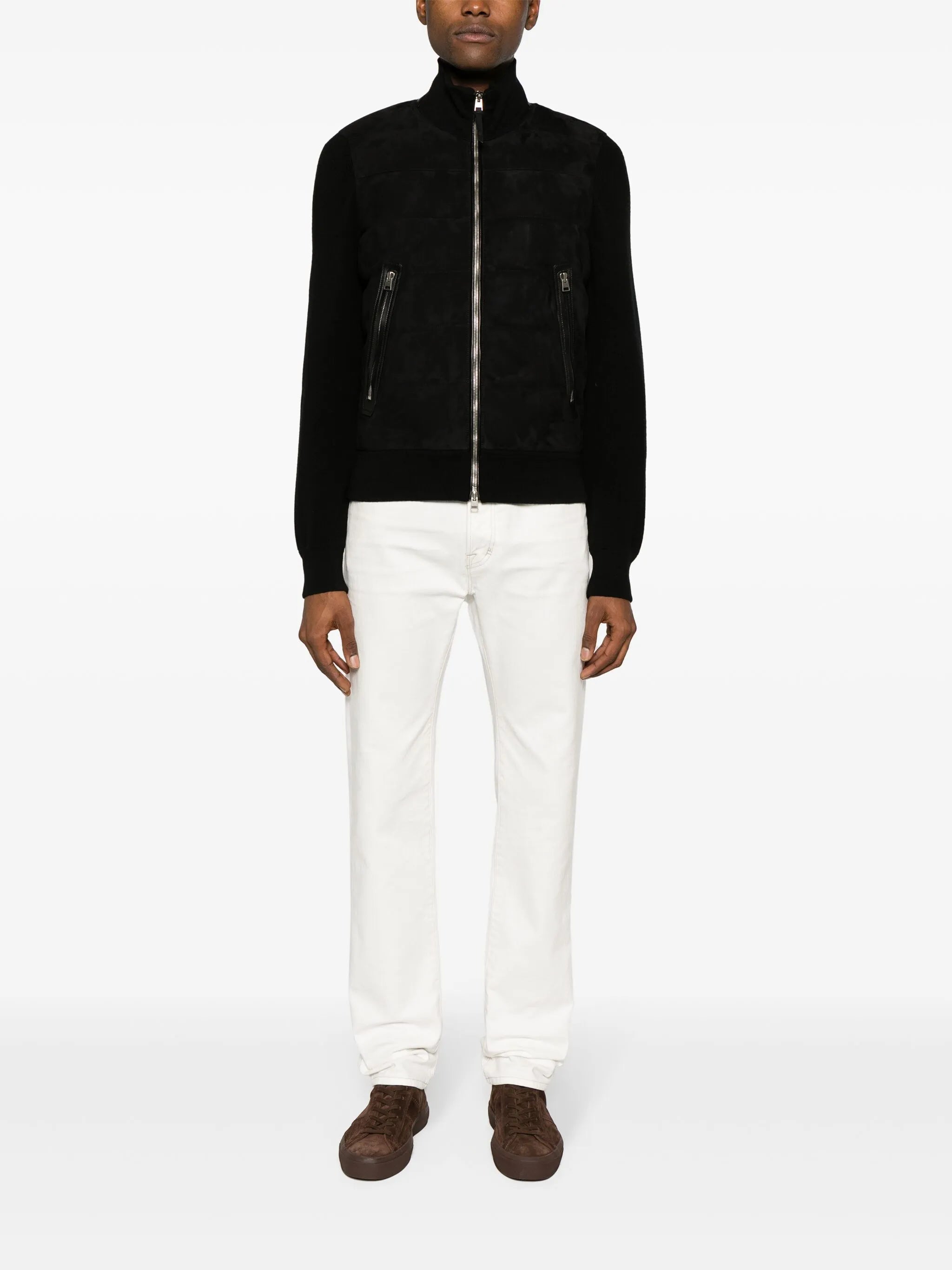 suede-panelled knitted bomber jacket