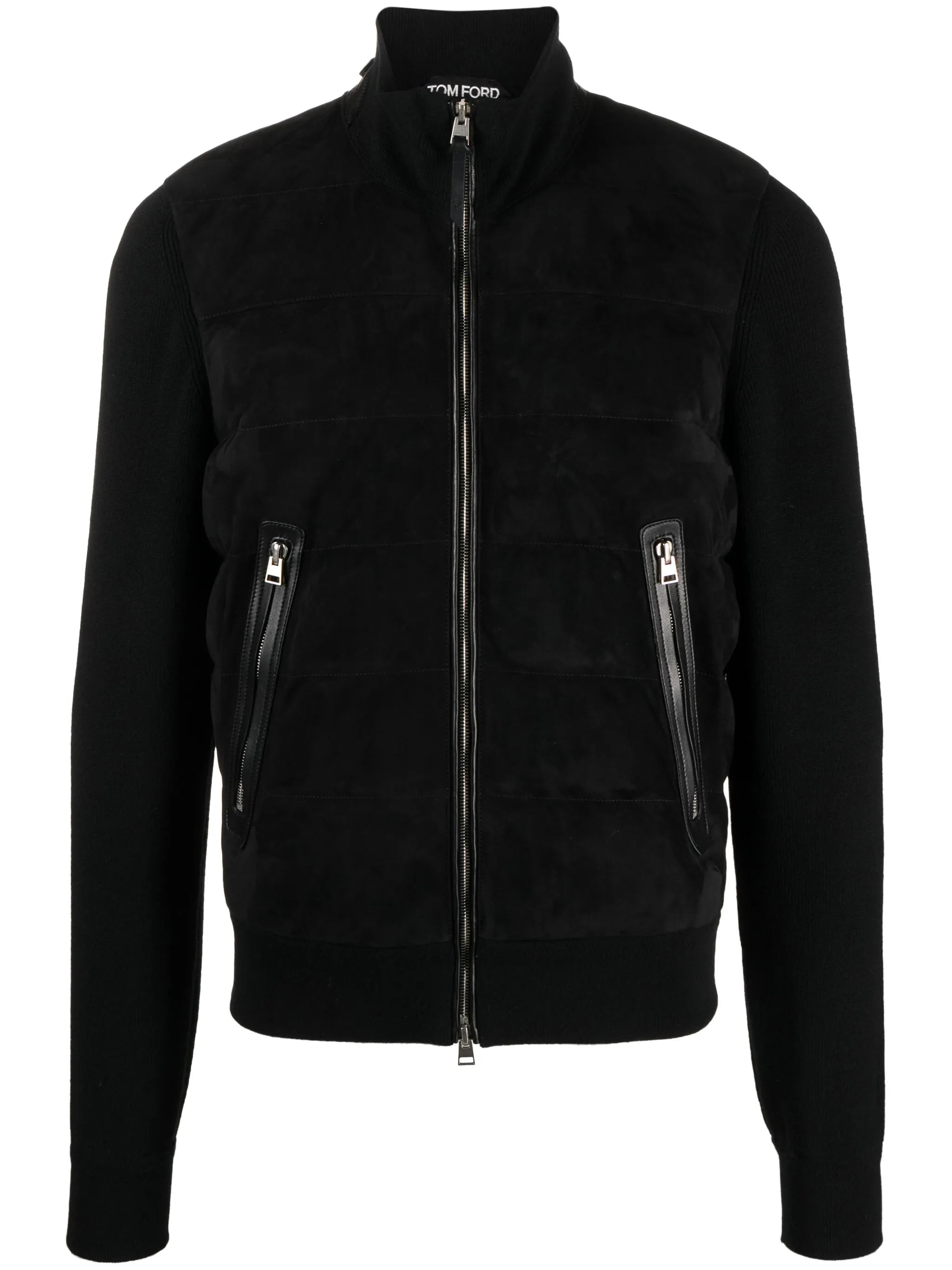 suede-panelled knitted bomber jacket