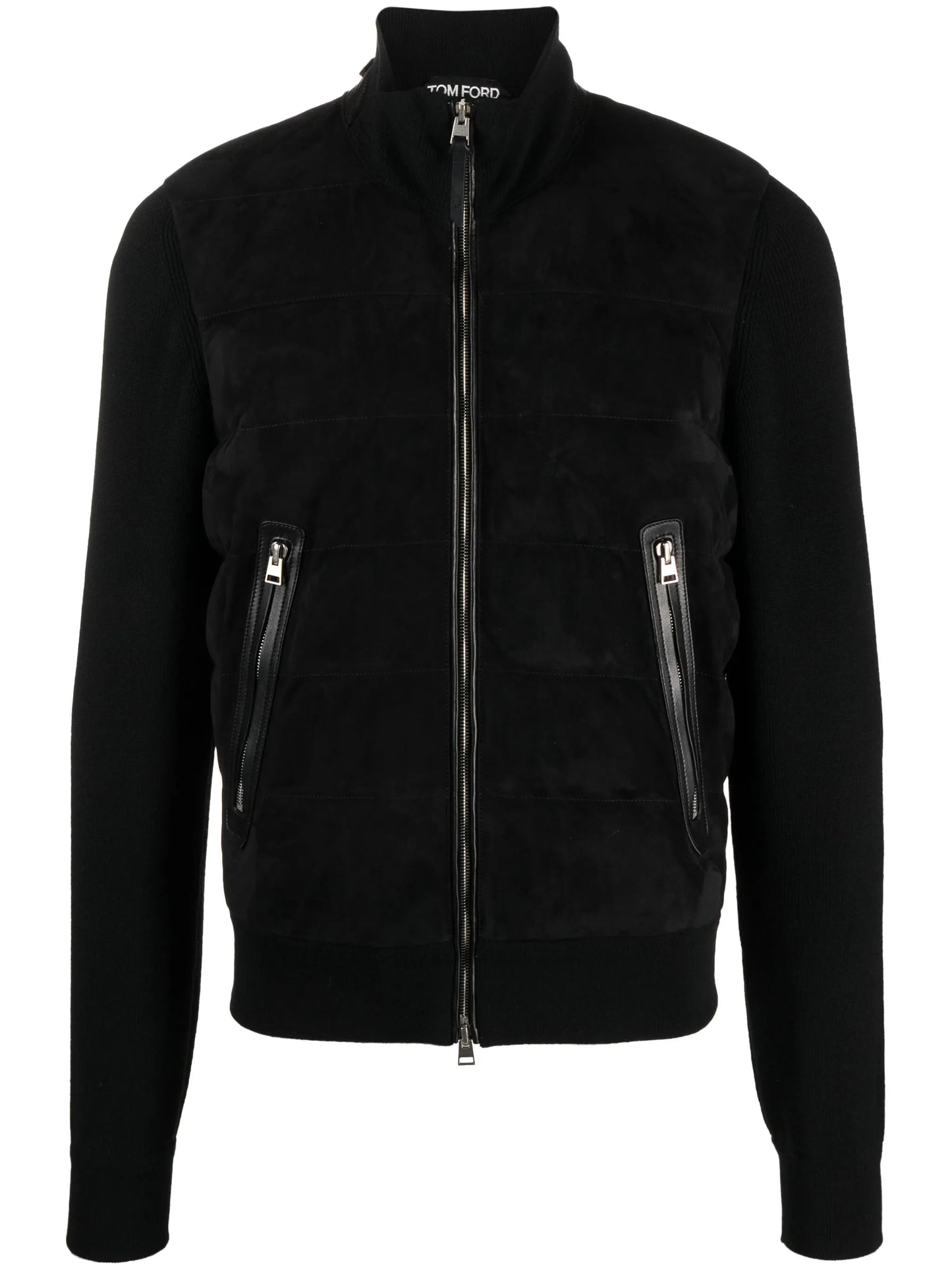suede-panelled knitted bomber jacket