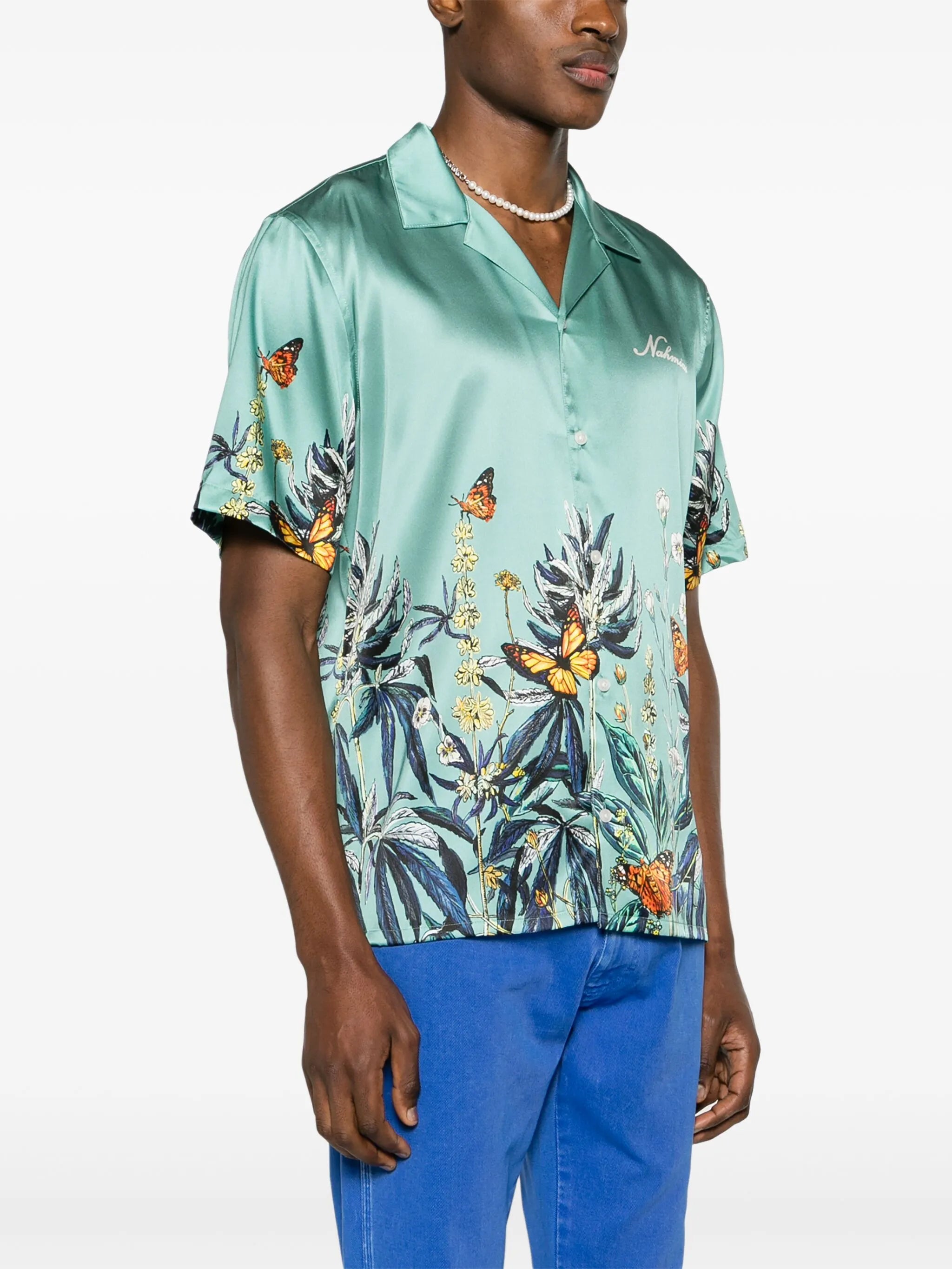 Botanical camp-collar satin shirt