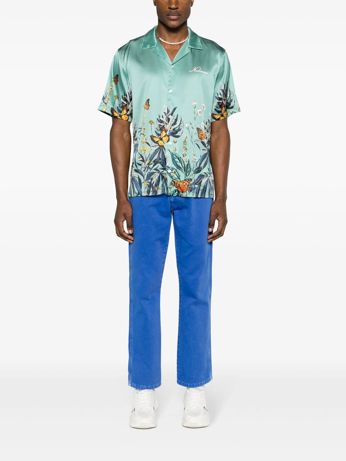 Botanical camp-collar satin shirt