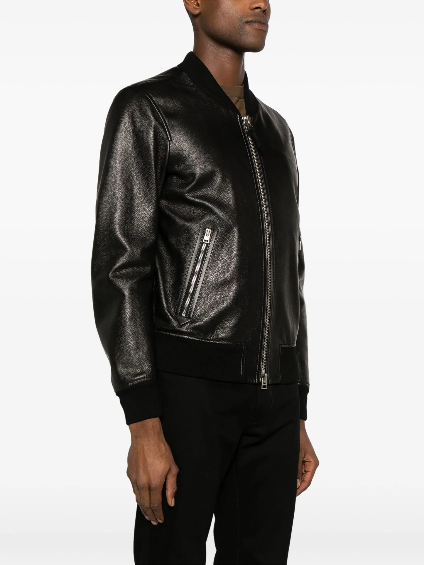 grained-leather bomber jacket