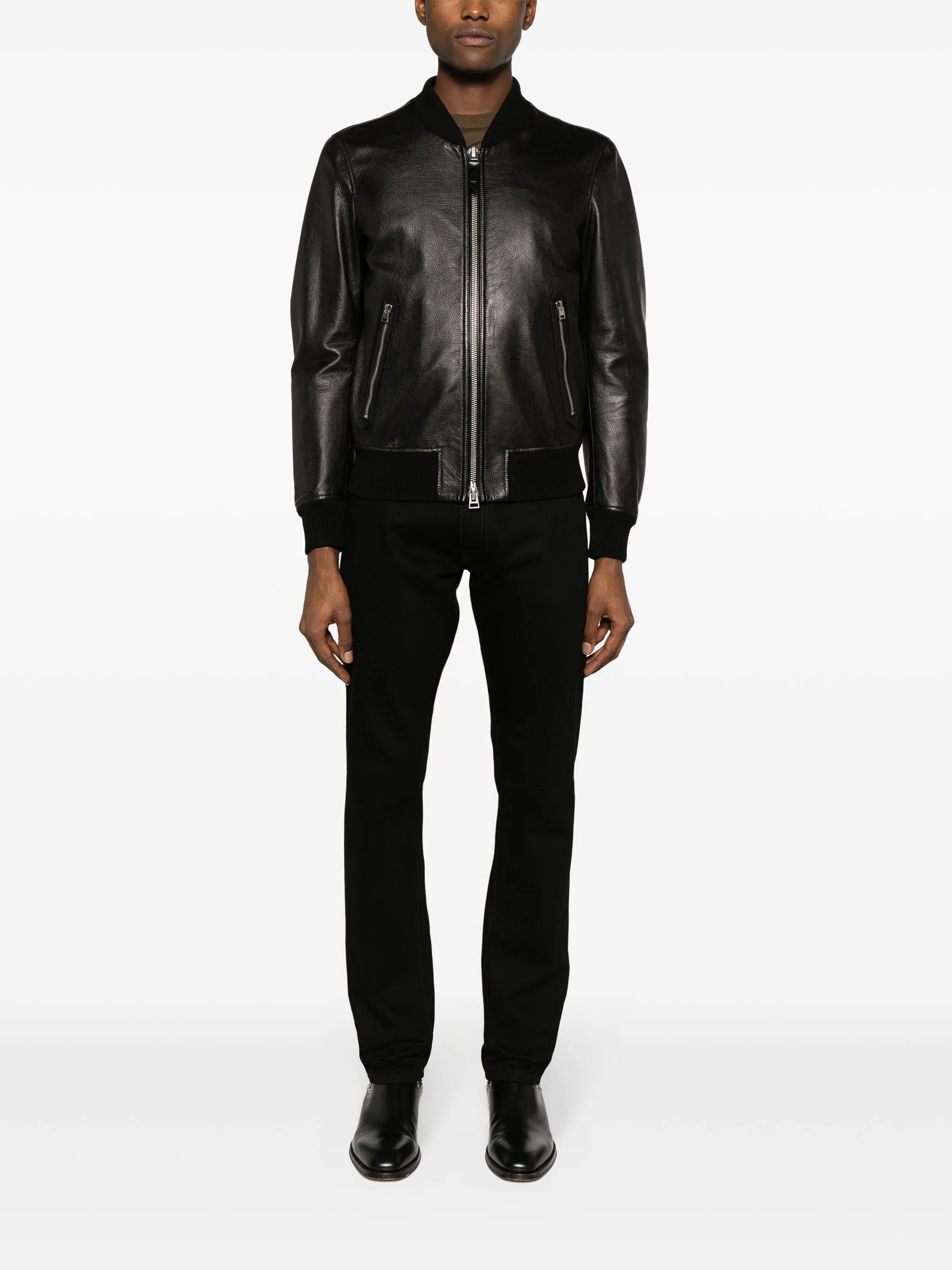 grained-leather bomber jacket