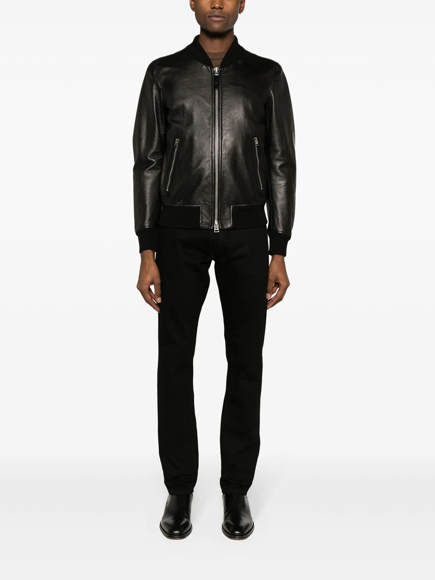 grained-leather bomber jacket