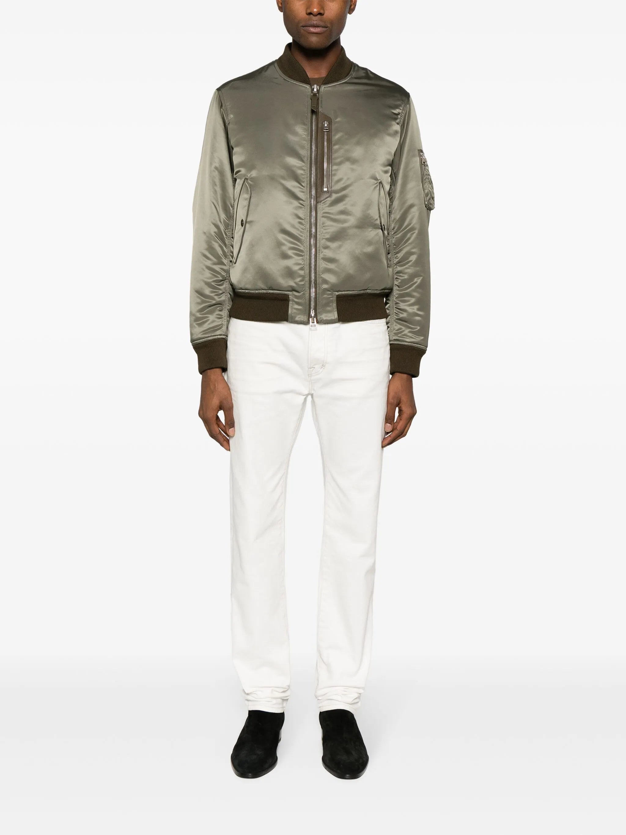 high-shine bomber jacket