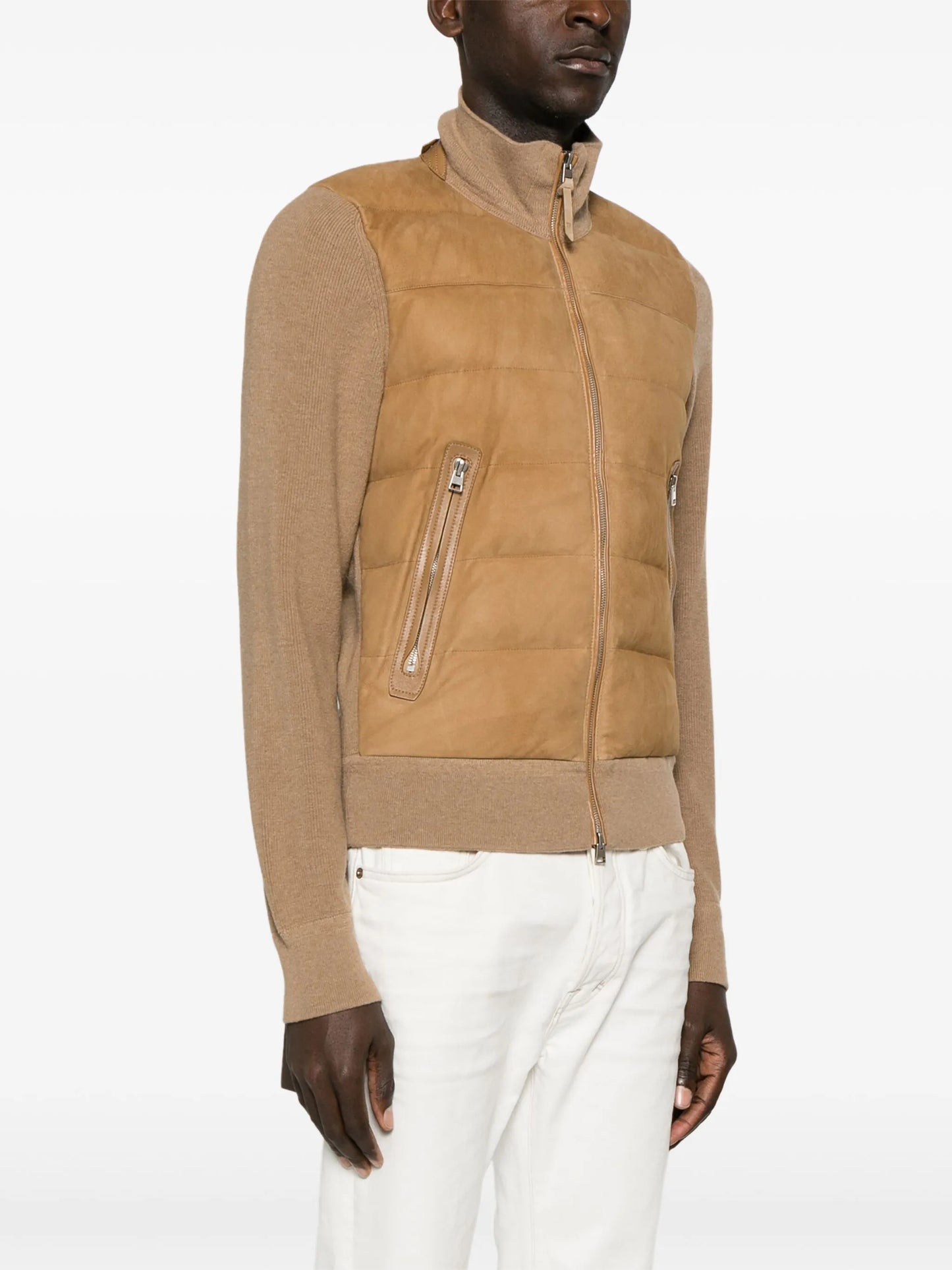 knit-panelled leather puffer jacket