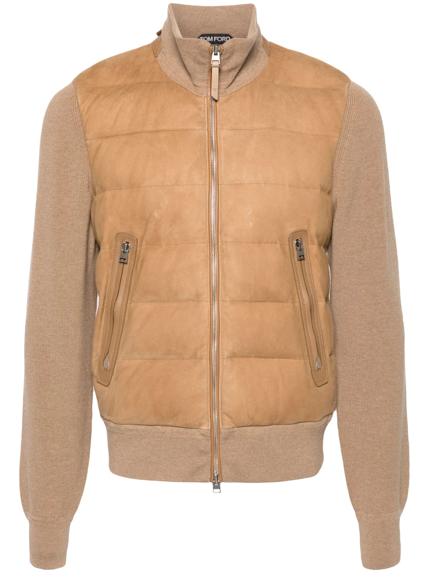 knit-panelled leather puffer jacket