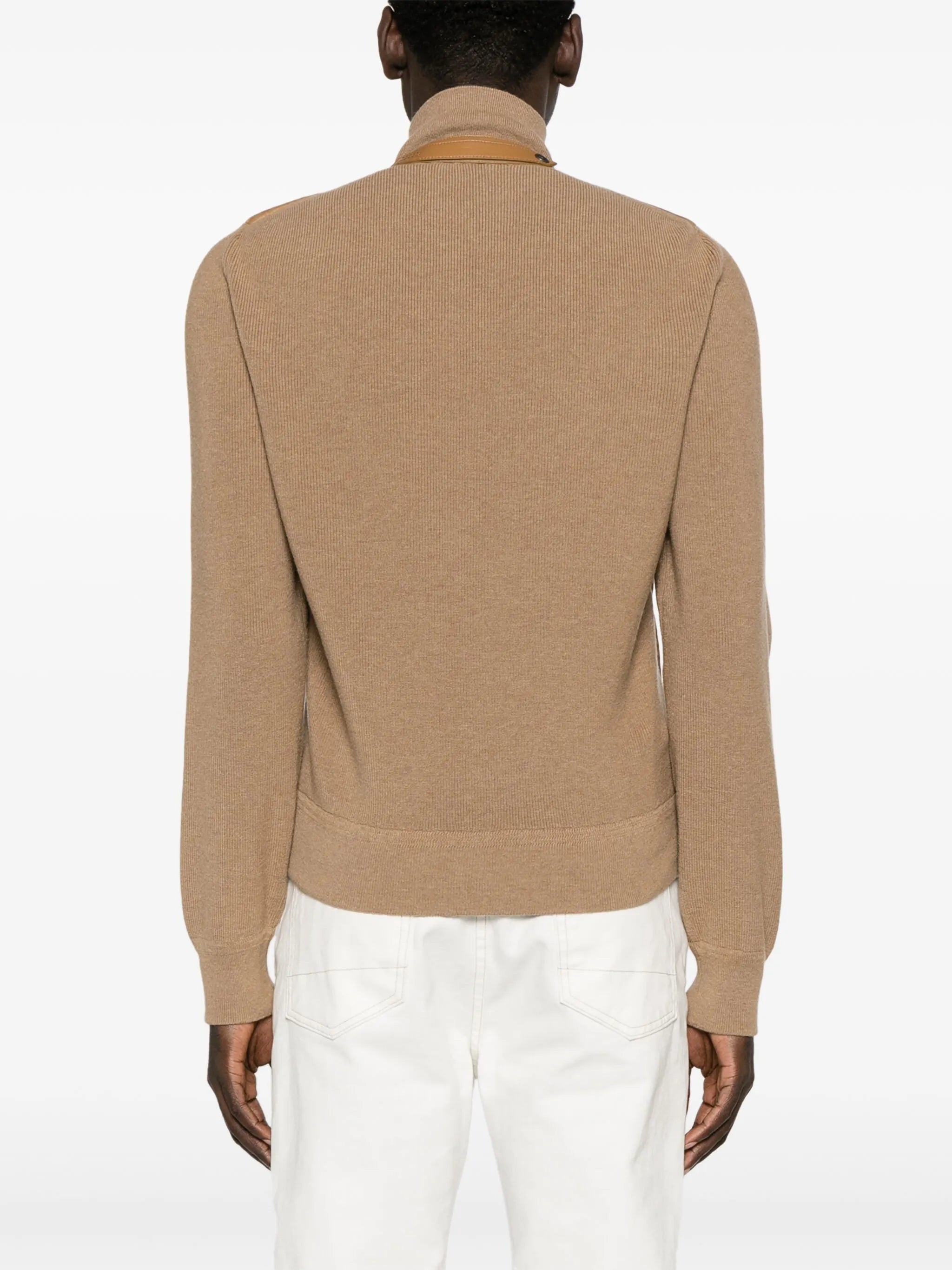 knit-panelled leather puffer jacket